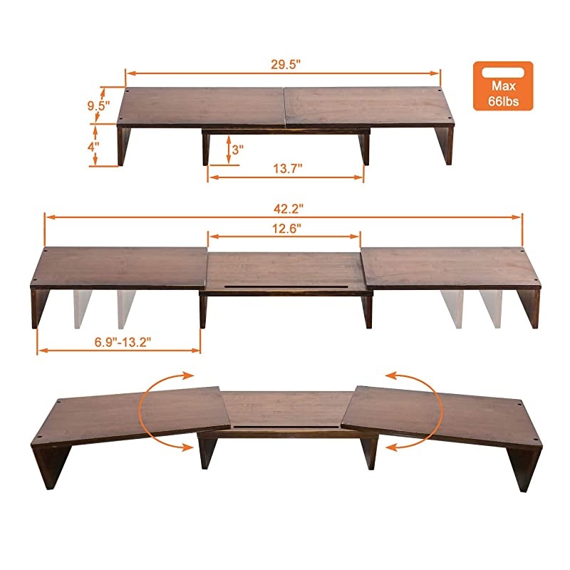 Bamboo Dual Monitor Stand Riser with Length and Angle Adjustable, 3 Shelf Multifunctional Screen Desktop Organizer for Laptop Computer, TV, PC, Printer, Multi Media Speaker-Walnut &hellip;