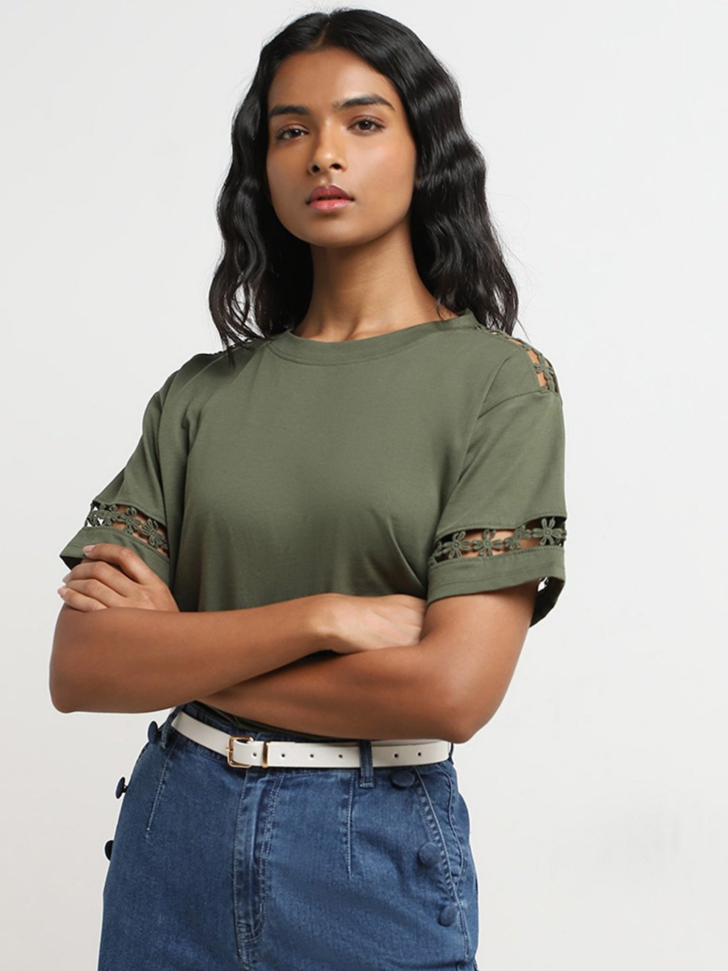 LOV by Westside Olive Crochet-Detailed Cotton T-Shirt