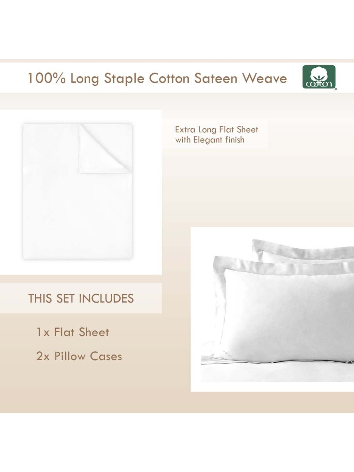 Pizuna 400TC 100% Cotton White Flat Bed Sheet Double Size With 2 Pillow Cover Size