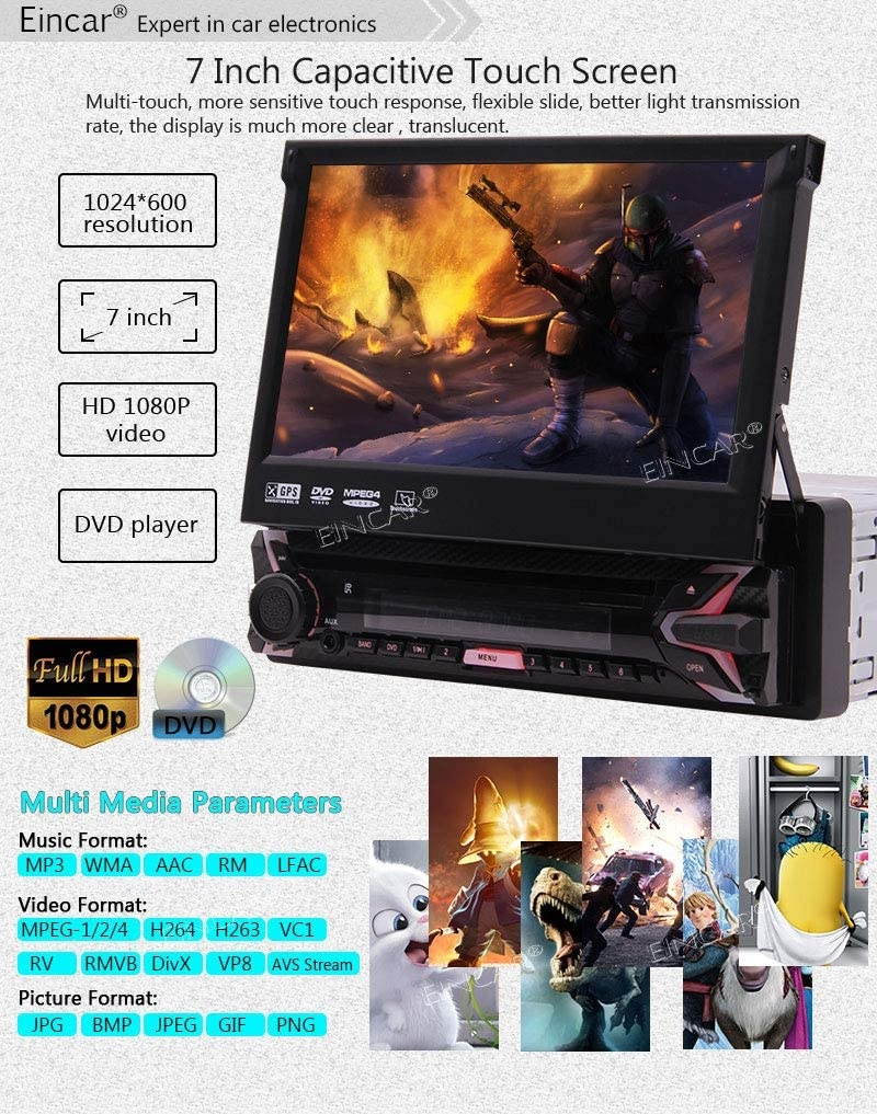 EinCar Single 1Din Android 7.1 Car Stereo Head Unit 7 Inch Capacitive HD Touch Screen Car GPS Navigation DVD Player USB SD Card FM AM AUX Bluetooth Hands-Free WiFi Rearview Camera Colorful Button Re