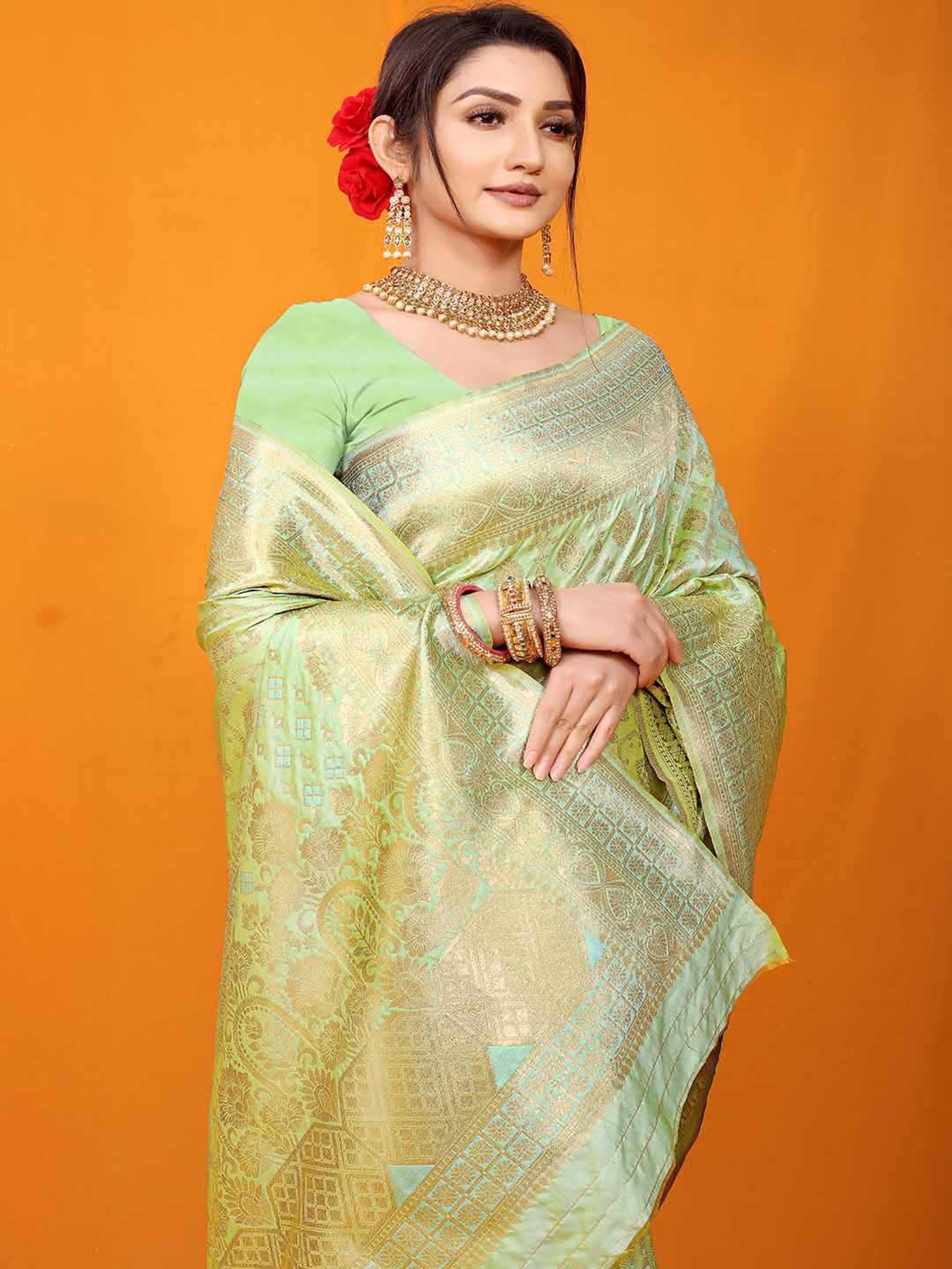 SHUBHKALA Pista Green Silk Woven Saree With Unstitched Blouse