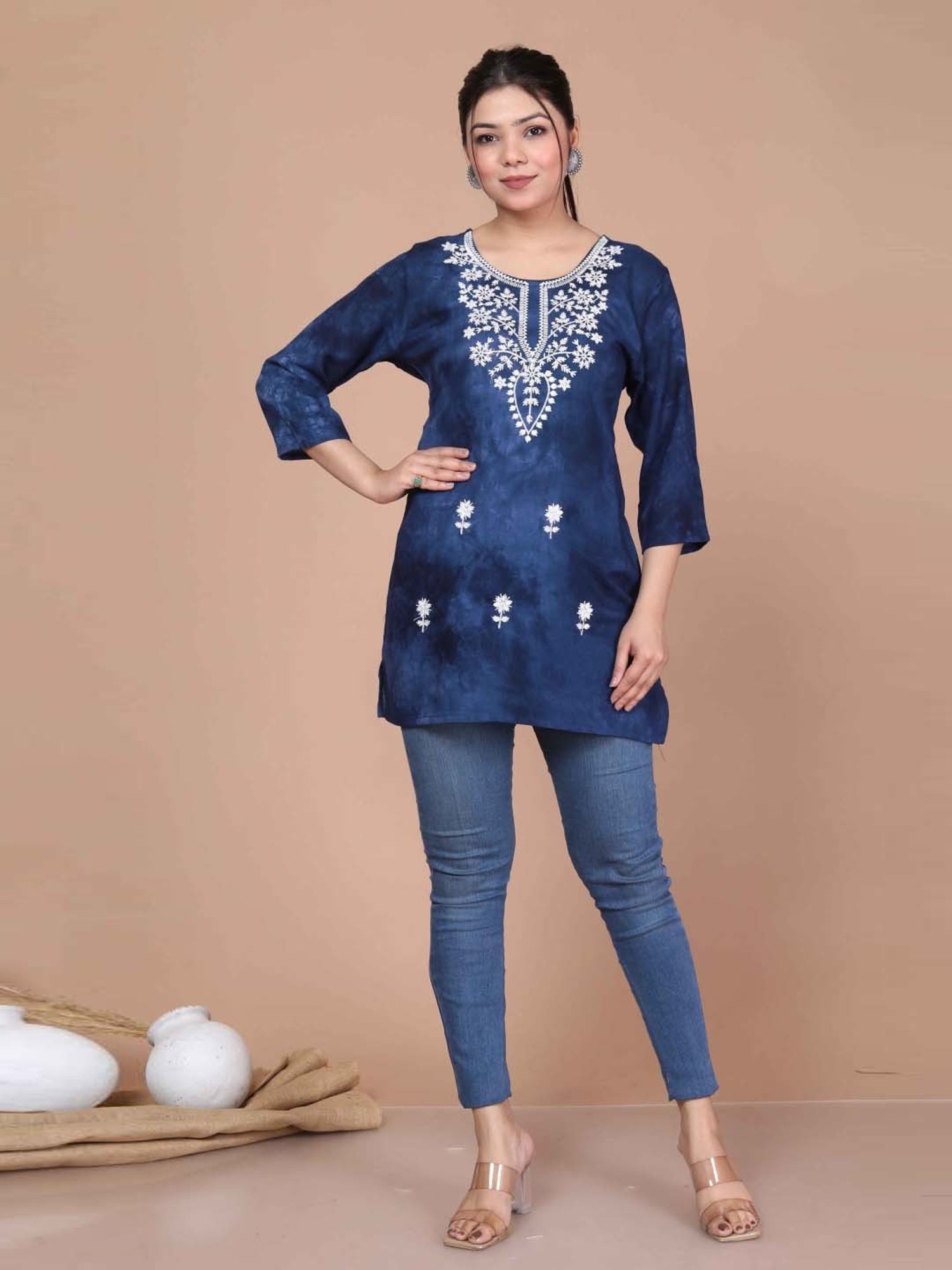 Miravan Blue Embroidered Straight Short Kurti