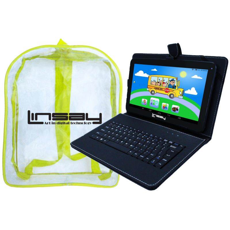 LINSAY&reg; 10.1" 1024x600 HD Quad Core 2GB ram 32GB Android 10 Tablet with Black Leather Keyboard and Bag Pack