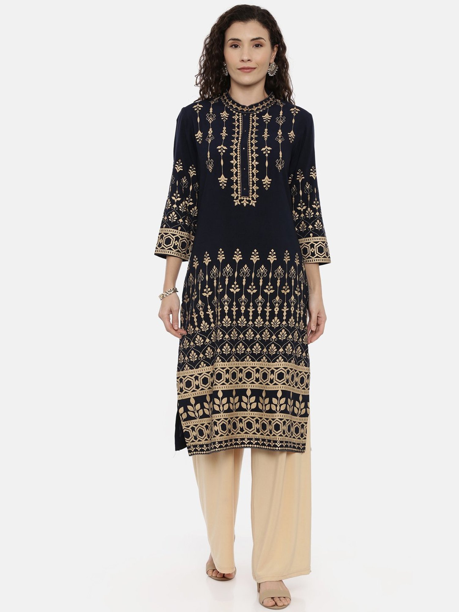 Neeru's Navy Printed Straight Kurta