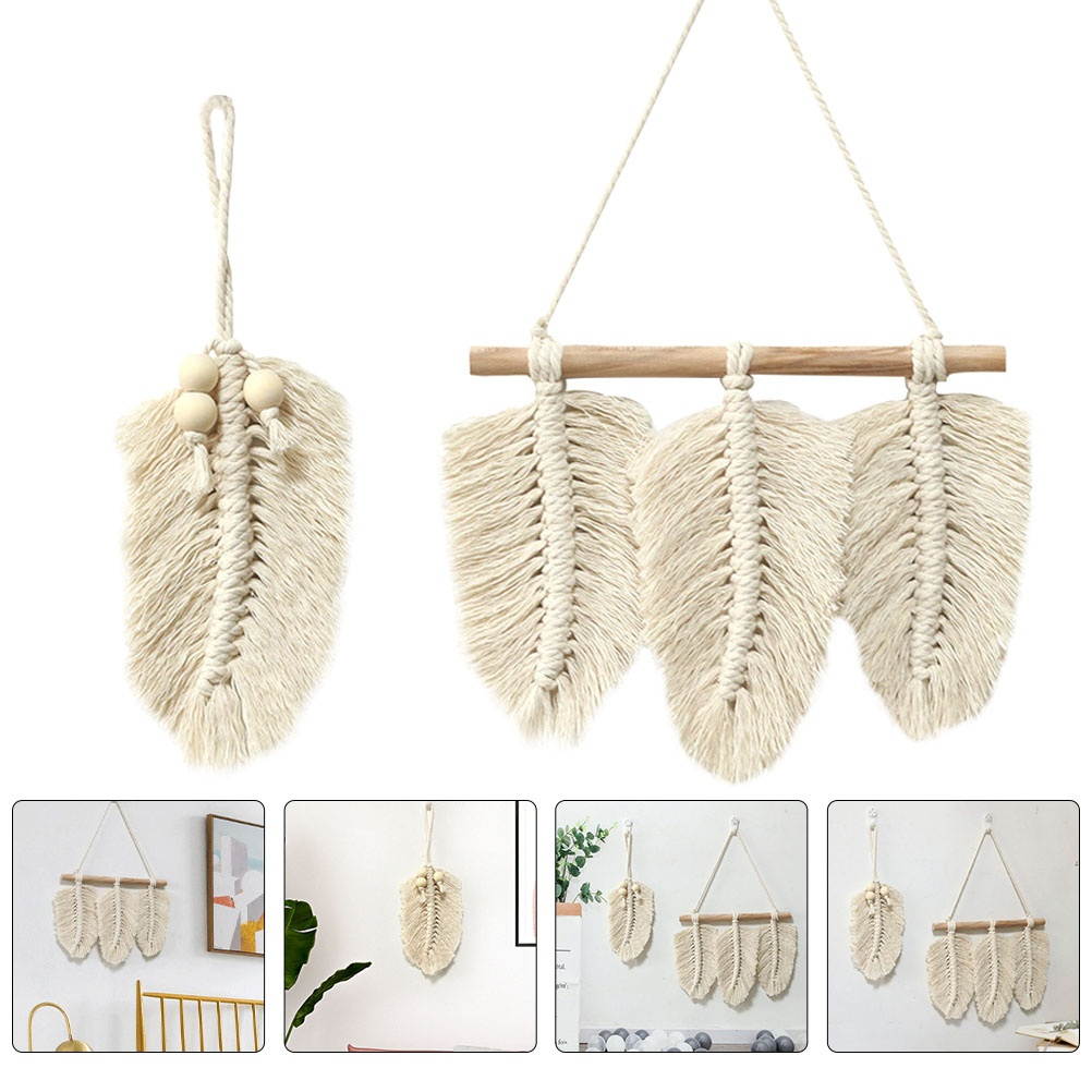 2pcs Hand-knitted Tassel Wall Tapestry Cotton Woven Hanging Tapestry (Beige)