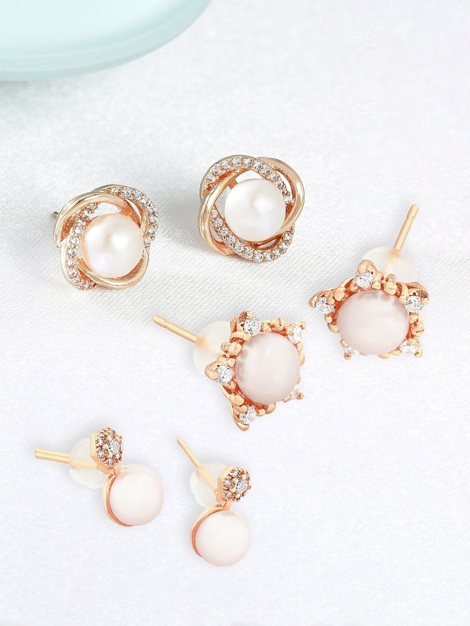 Zaveri Pearls Set of 3 Rose Gold Contemporary Cubic Zirconia Stud Earrings - ZPFK13491