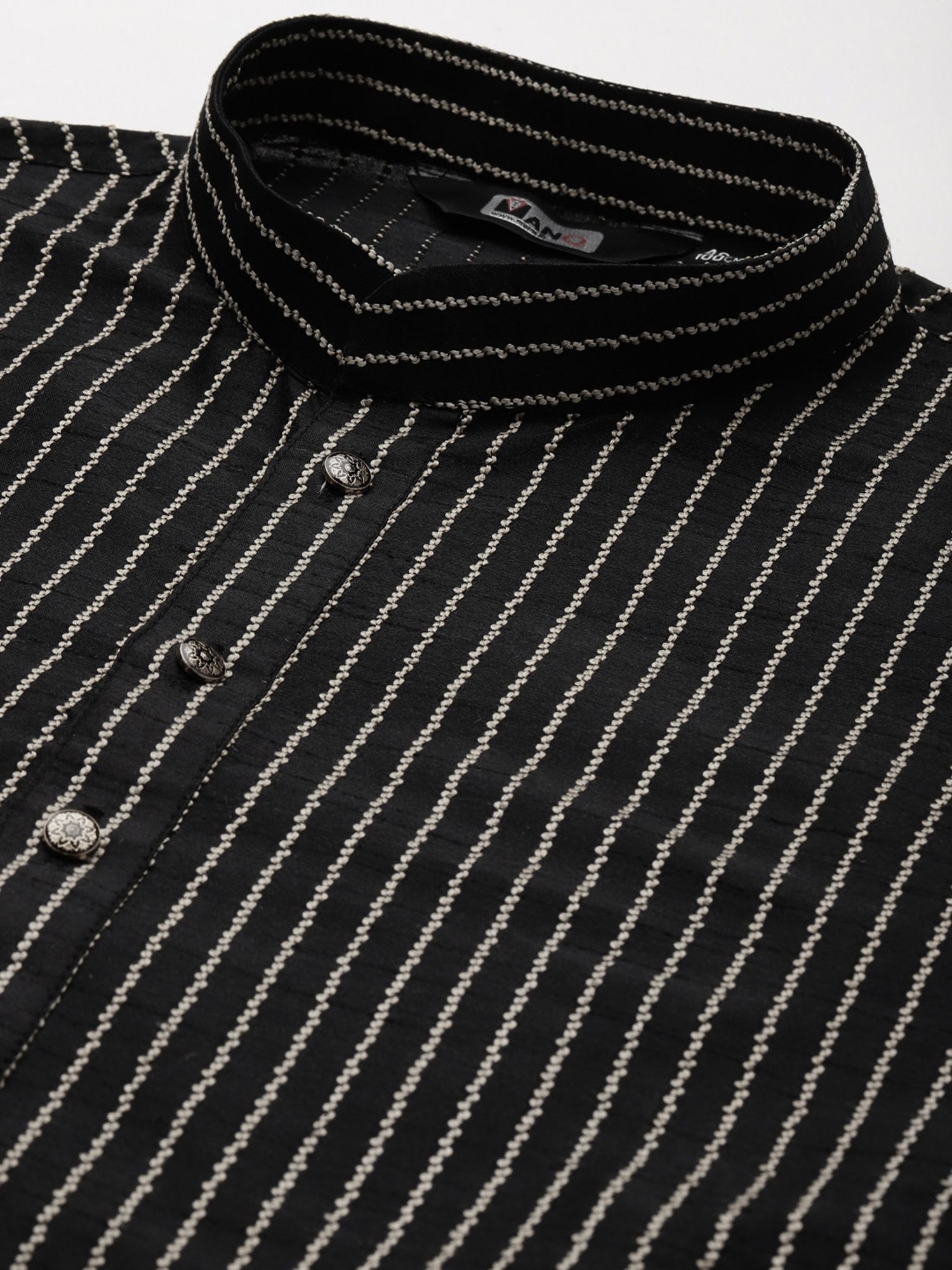 ManQ Black Regular Fit Striped Ethnic Wear
