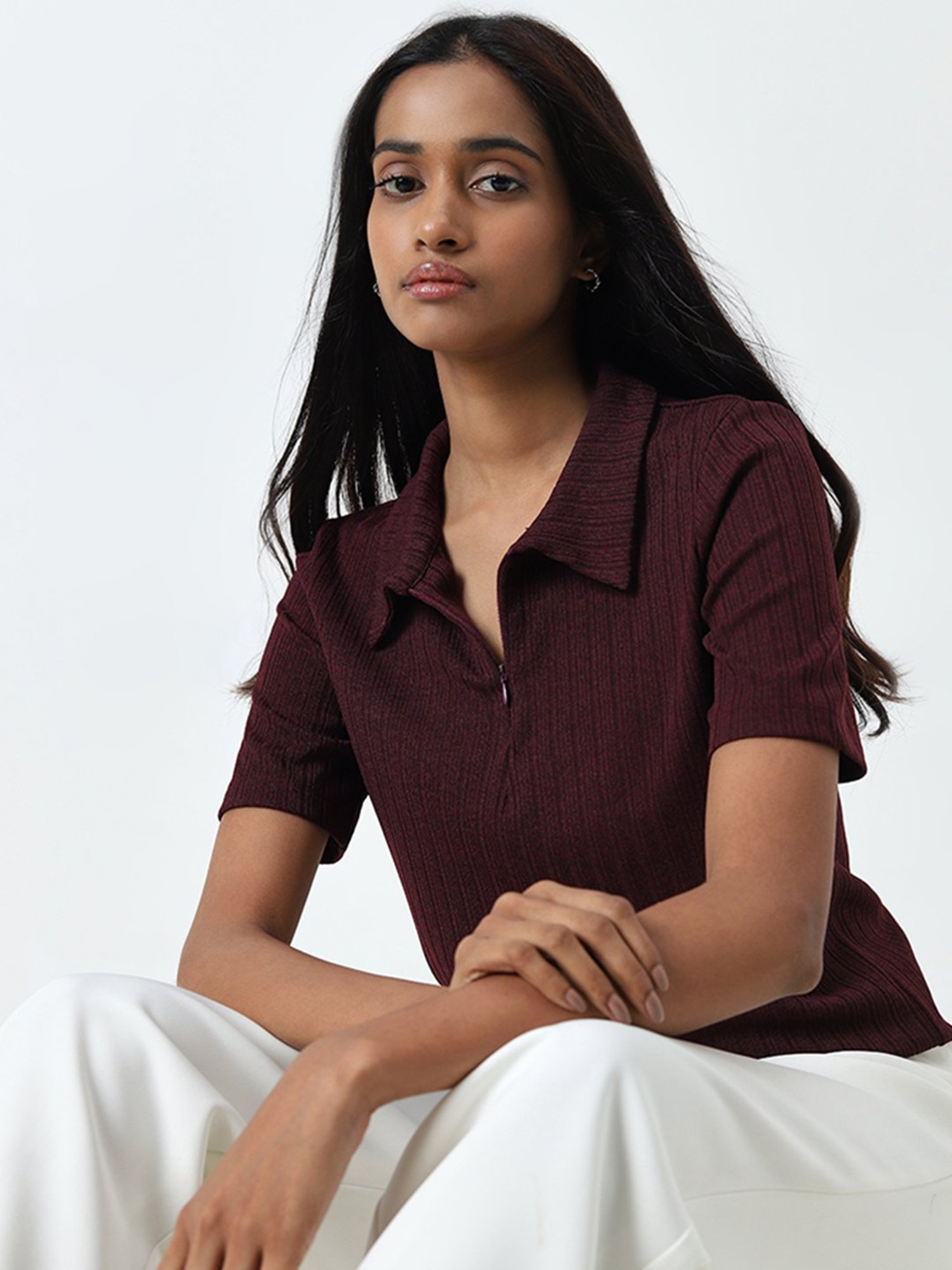 Wardrobe by Westside Burgundy Self-Striped Top