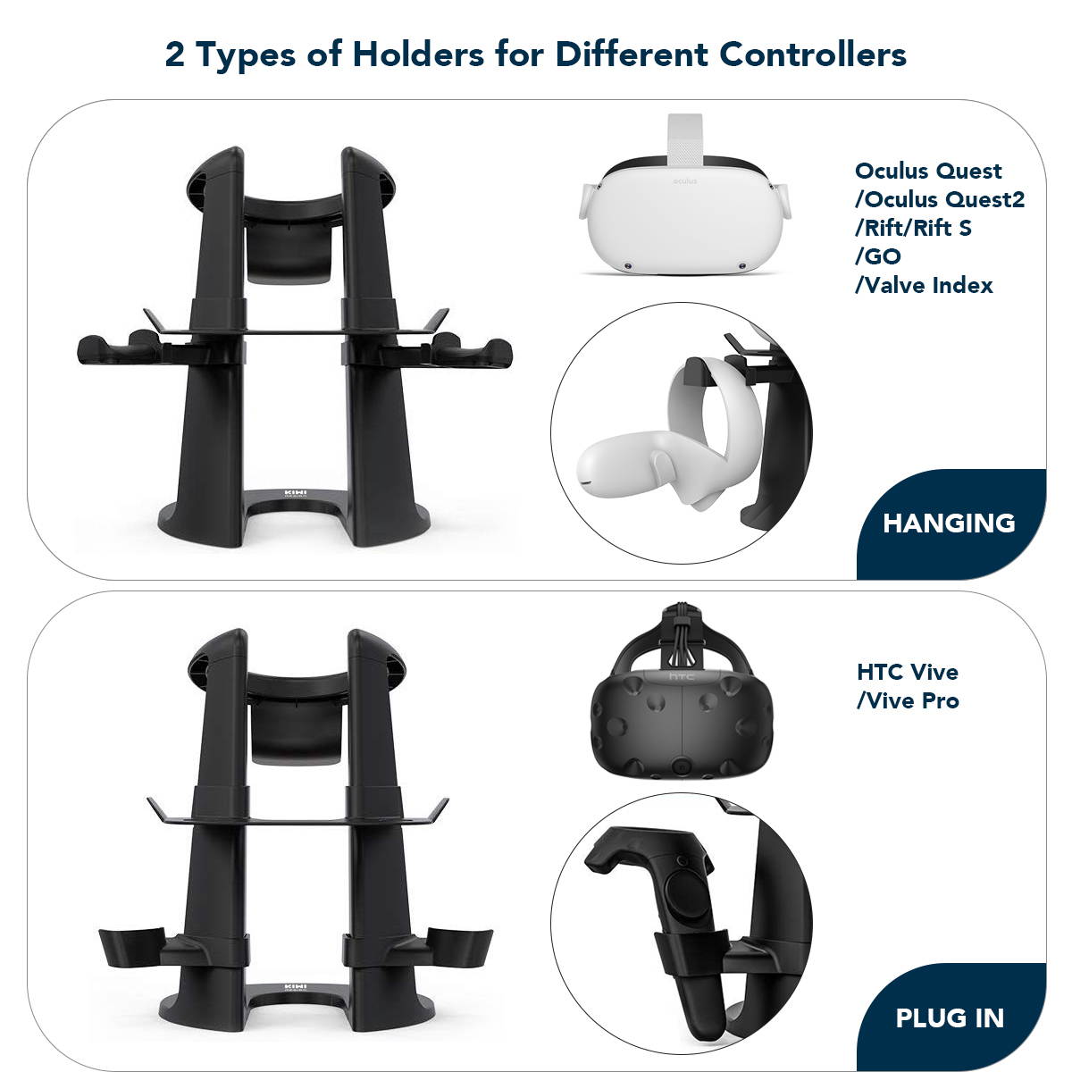 KIWI design VR Stand Headset Display And Controller Holder Mount Station For Oculus Quest2/Rift S/GO/HTC Vive /Valve Index