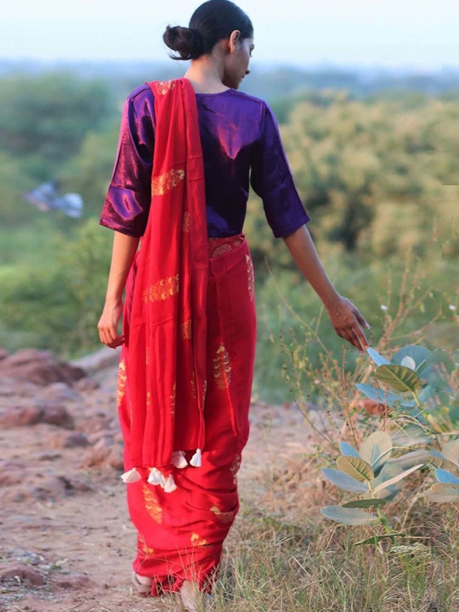 Chidiyaa Red Rang Block Printed Modal Silk Saree