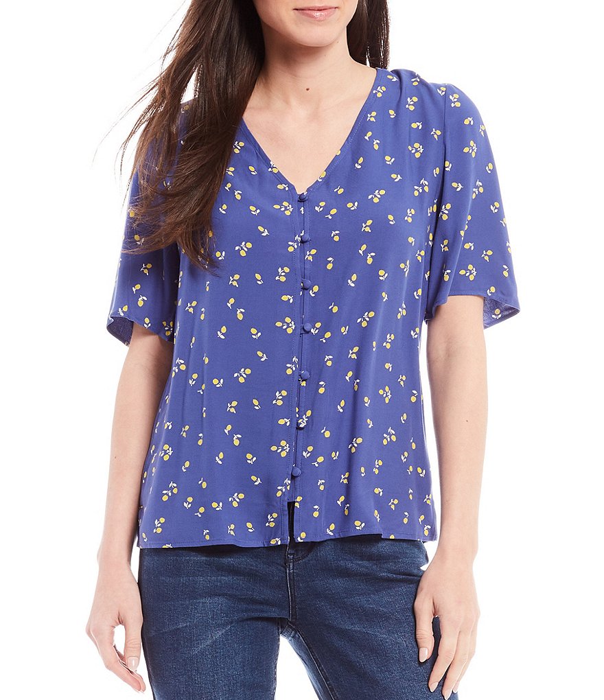 Joules Georgie Short Sleeve V-Neck Button Front Blouse