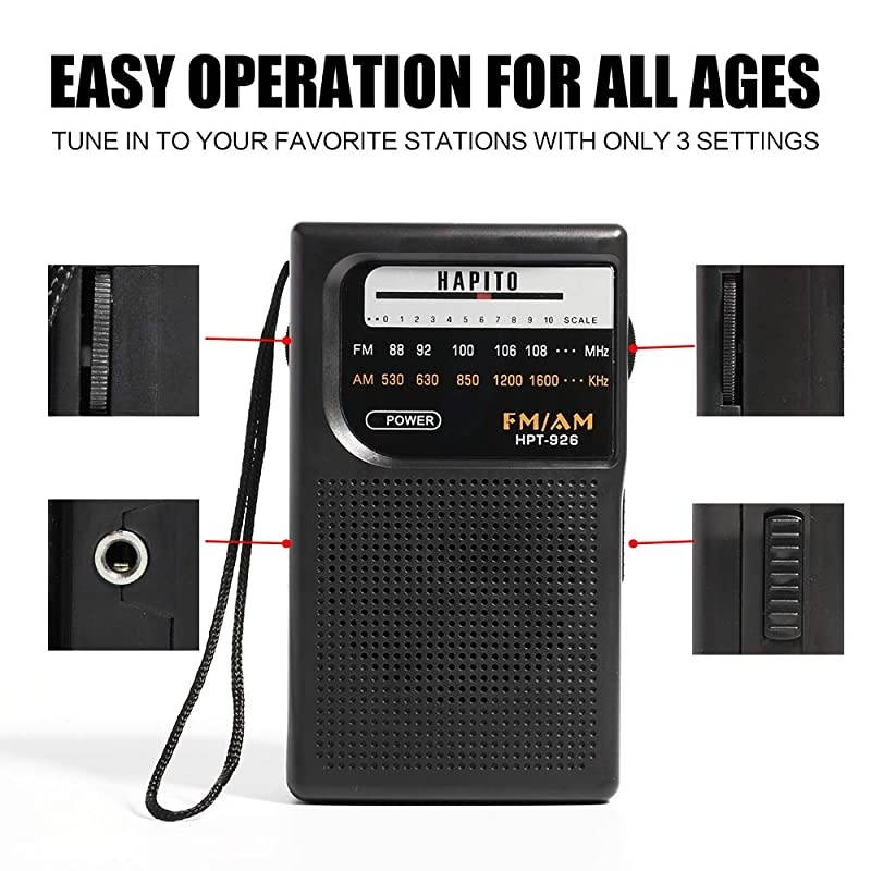 AM/FM Radio Battery Operated Transistor Radio - Excellent Reception, Built-in Speaker and Headphone Jack for Walking Hiking Camping & Emergency Use