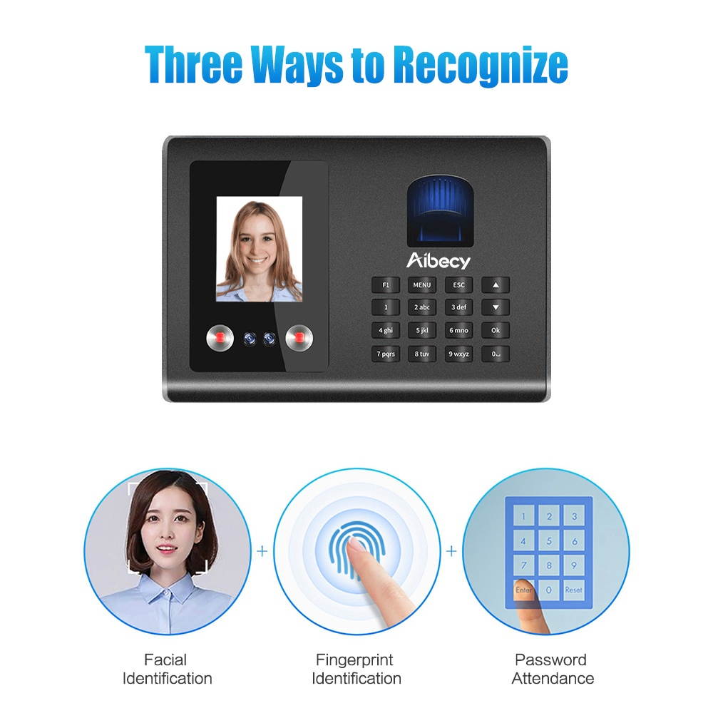 Aibecy Intelligent Attendance Machine Face Fingerprint Password Recognition Mix Biometric Time Clock for Employees with Voice Broadcast Function Support Multi-language