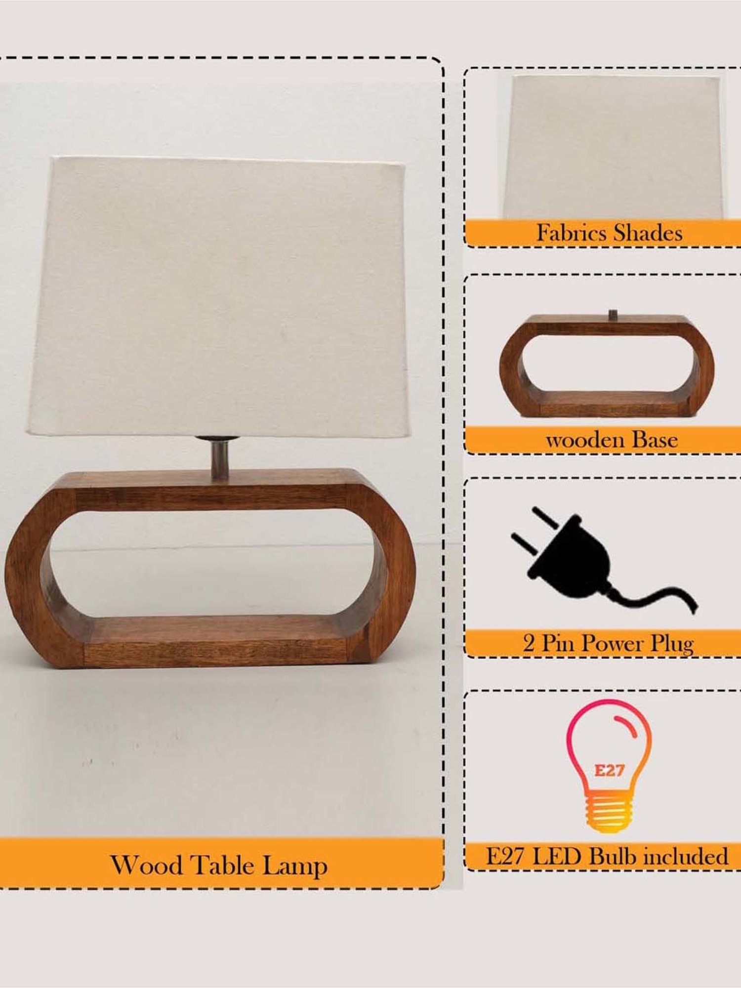 Homesake White & Brown Wood Bedside Desk Nightstand Table Lamp