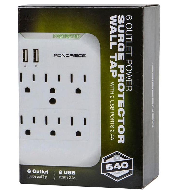 Monoprice 2 Outlet Surge Protector Wall Tap with 2 USB Charging Ports 3.4A, 450 Joules, White