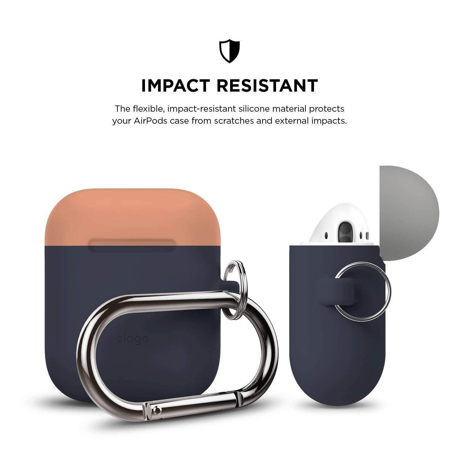 elago AirPods Duo Hang Case [Body:Jean Indigo/TOP:Peach, Grey] - [Extra Protection] [Hassle Free][Added Carabiner] - for AirPods Case