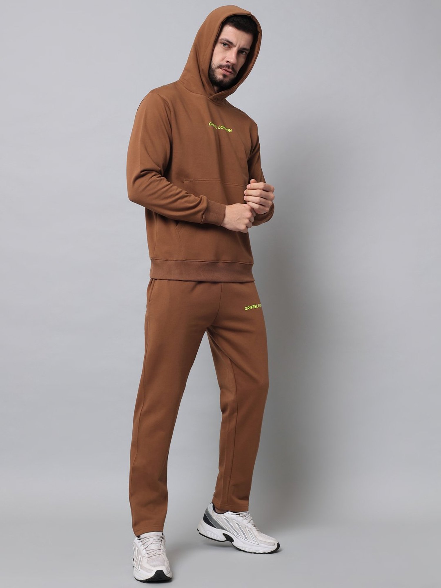 GRIFFEL Brown Regular Fit Logo Print Hooded Sweatshirt & Trackpants Set