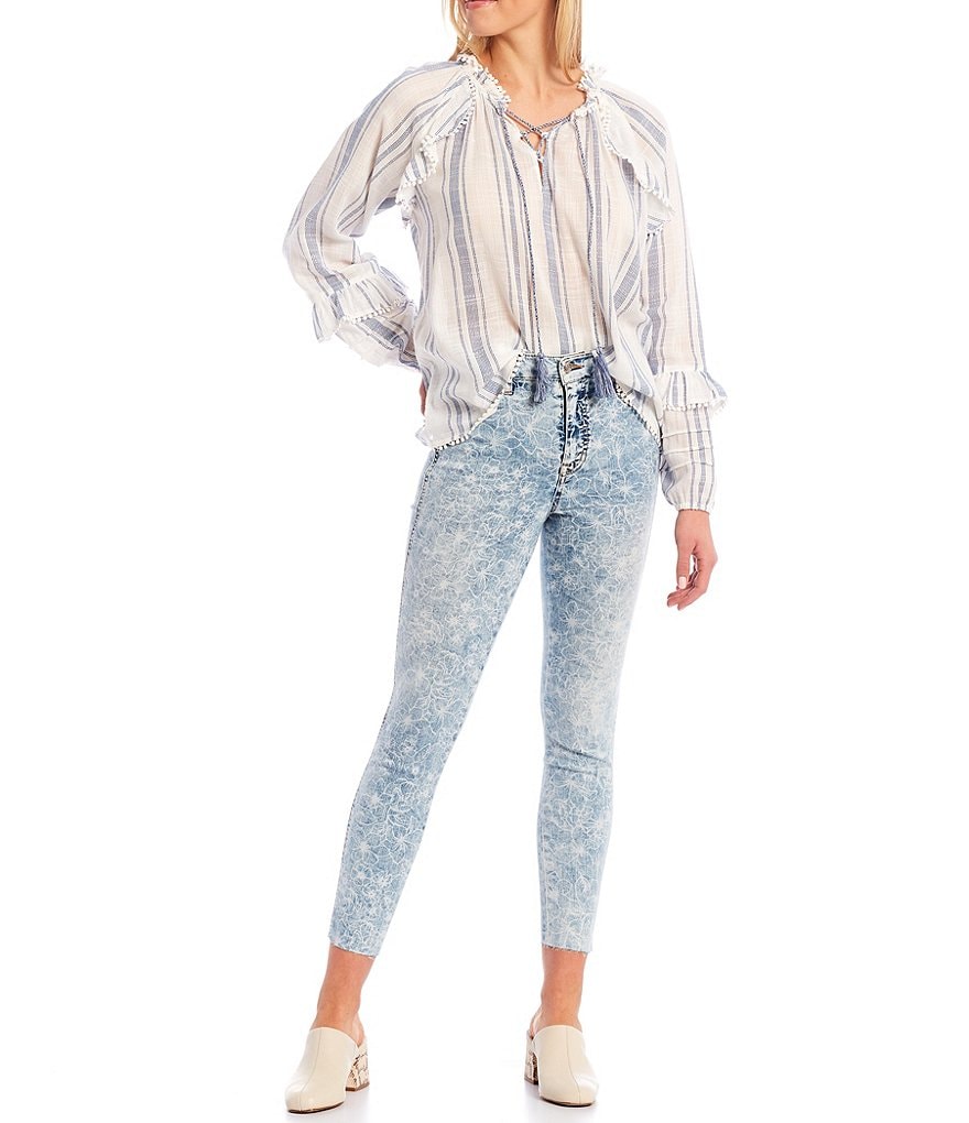 Ella Moss Rylee Stripe Print Tassel Lace-Up Neck Ruffle Bubble Sleeve Pom Pom Trim Detail Blouse