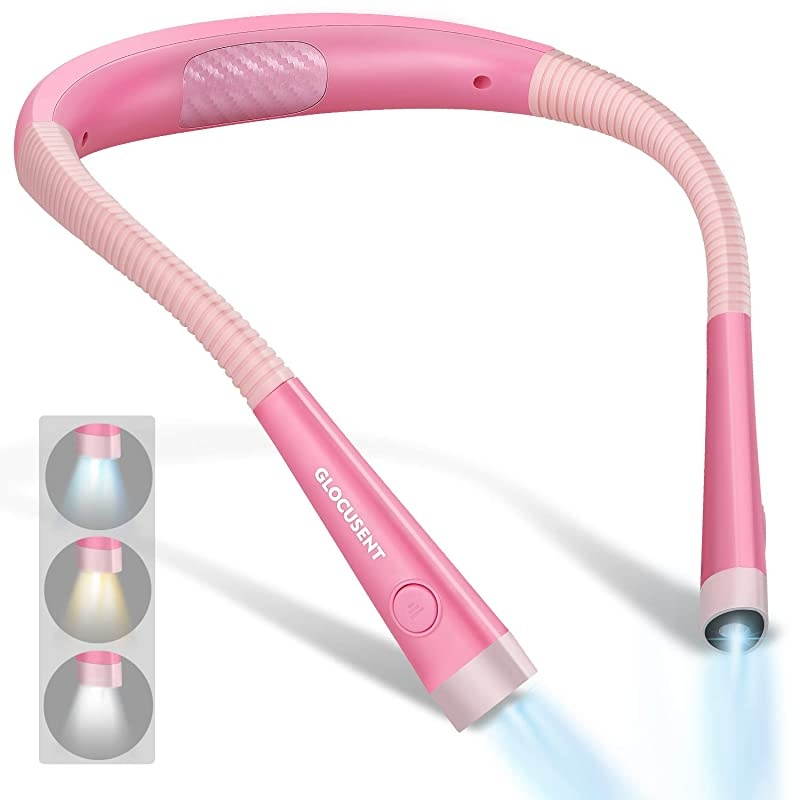 LED Neck Reading Light Book Light for Reading in Bed 3 Colors 6 Brightness Levels Bendable Arms Rechargeable Long Lasting Pink Perfect for Reading Knitting Camping Repairing