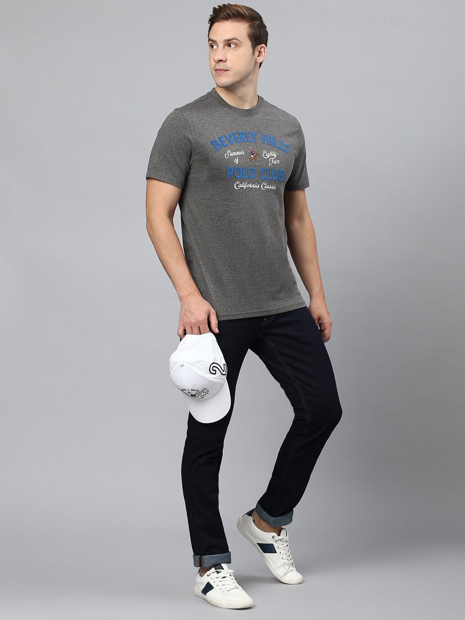 Beverly Hills Polo Club Dark Grey Regular Fit Cotton Crew T-Shirt