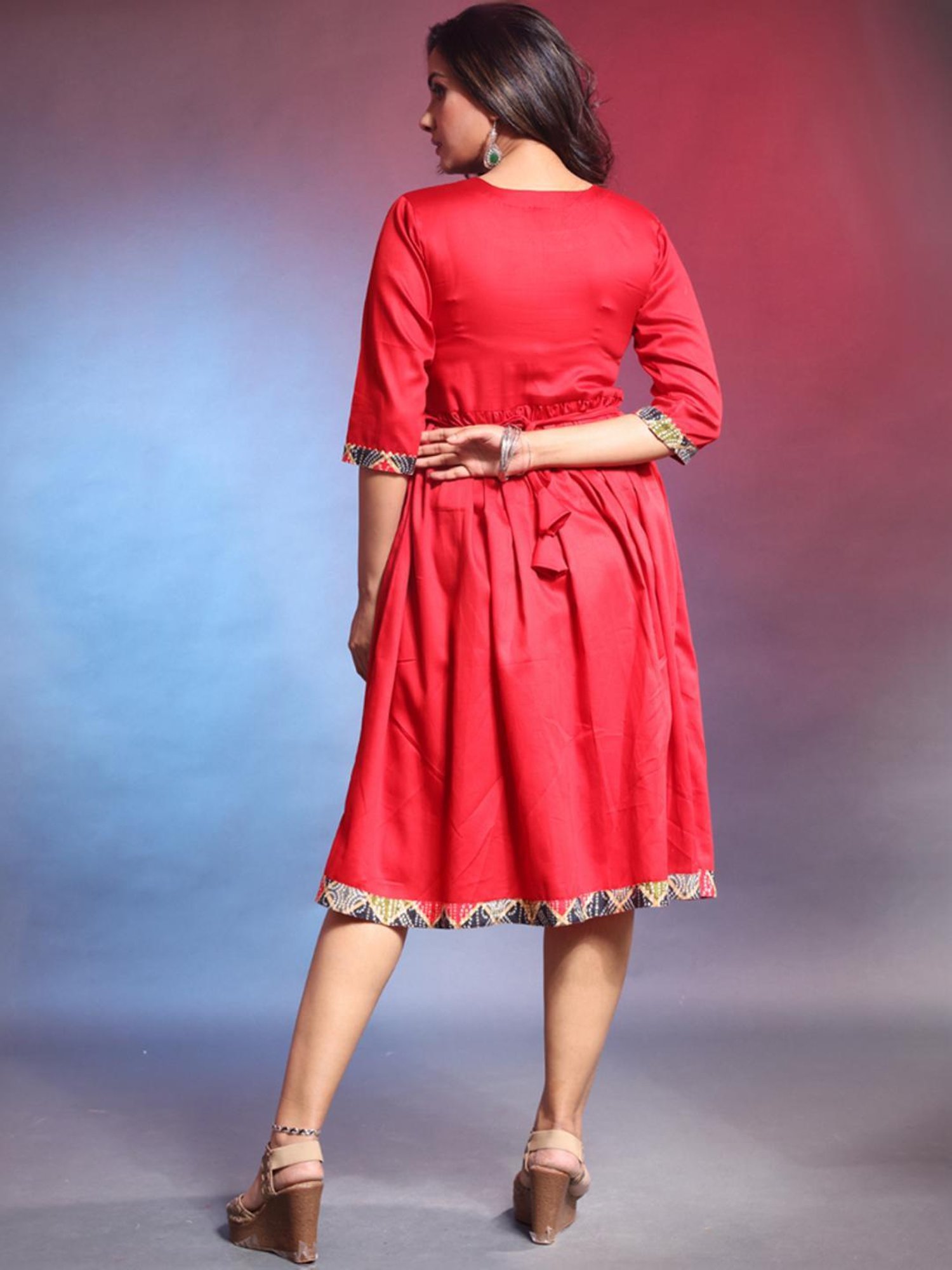 Charukriti Red Printed A-Line Dress
