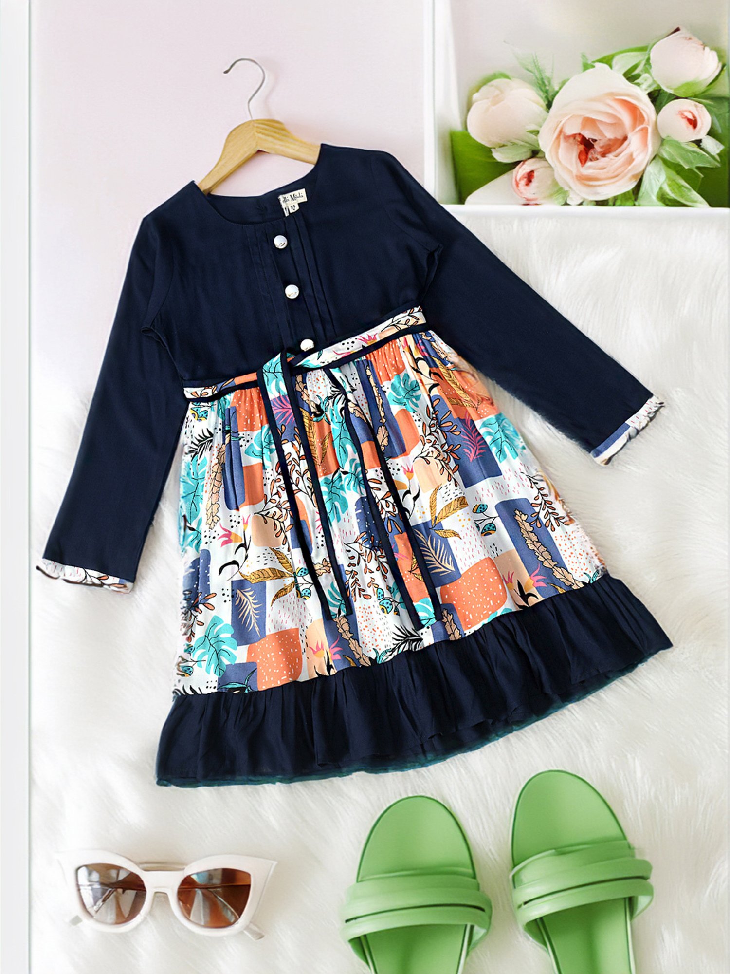 Bella Moda Kids Navy Printed Full Sleeves Fit & Flare Dress
