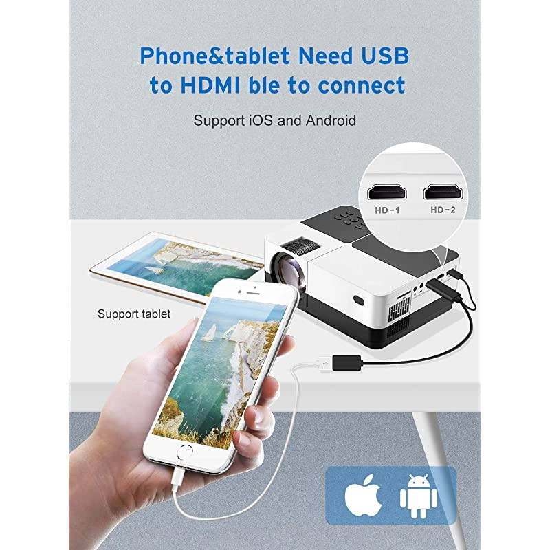 Mini Projector  2800 Lumens LED Portable Projector 180 Inch Support 1080P HD Video Projector for Home Theater Games and Outdoor Compatible for PS4LaptopXBOXSDAVUSB