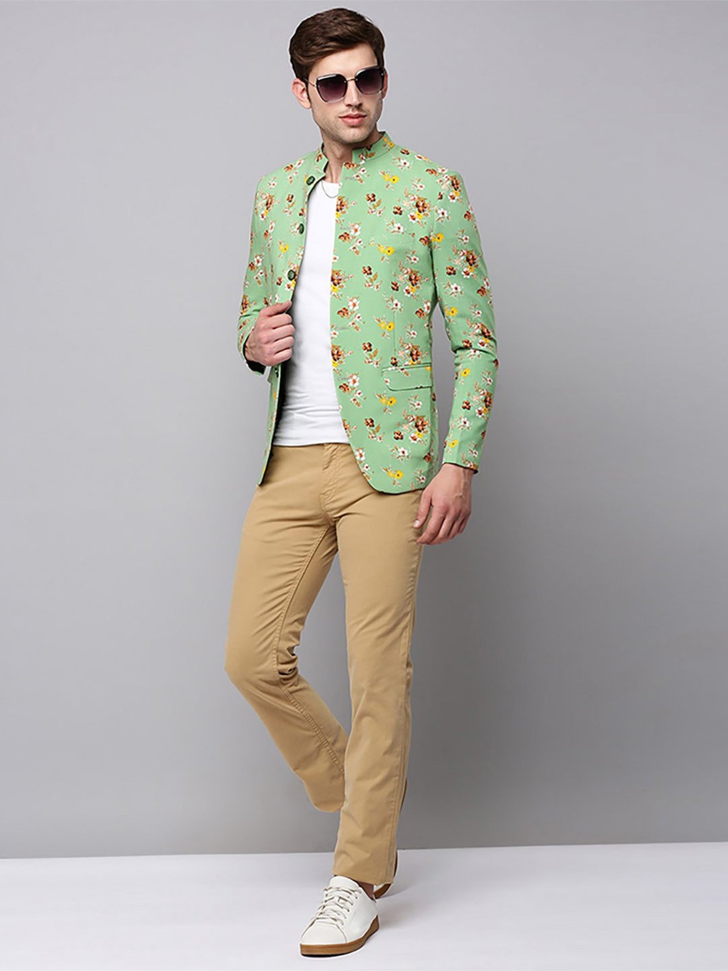 SHOWOFF Green Cotton Slim Fit Floral Print Blazer