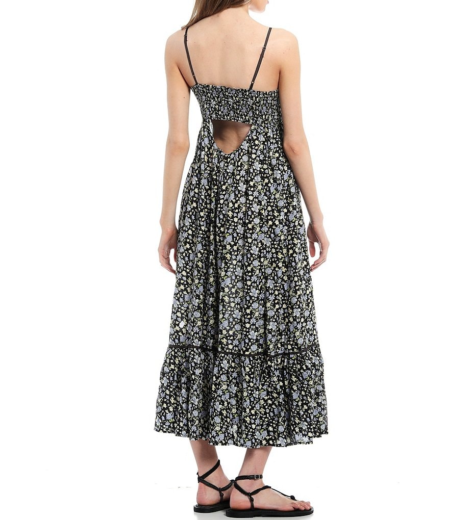 Free People Molly Jo Floral Print Sweetheart Neck Contrast Trim Sleeveless Ruffle Hem Button Front Midi Dress