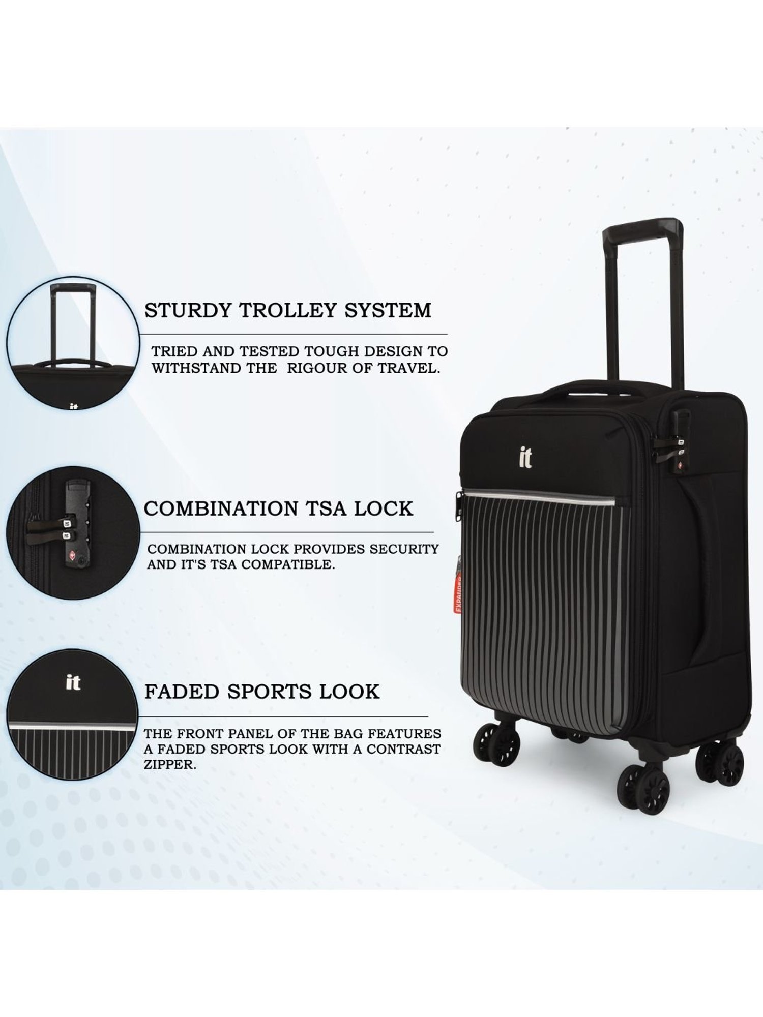it luggage The Lite Black Cabin 20 inches Expandable Soft Case Luggage Trolley with TSA Lock