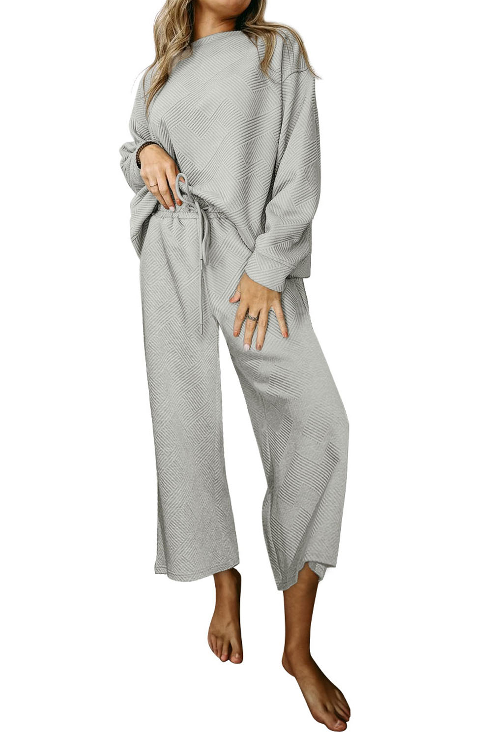 Gray Textured Loose Slouchy Long Sleeve Top and Pants Set