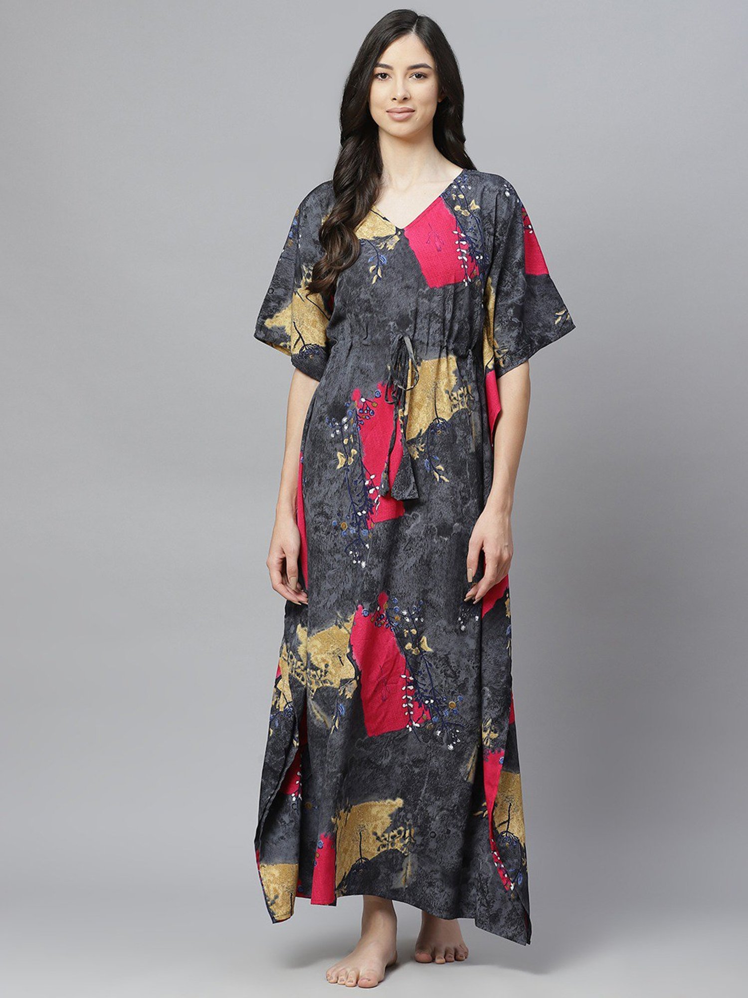 Cottinfab Grey Printed Kaftan Nighty