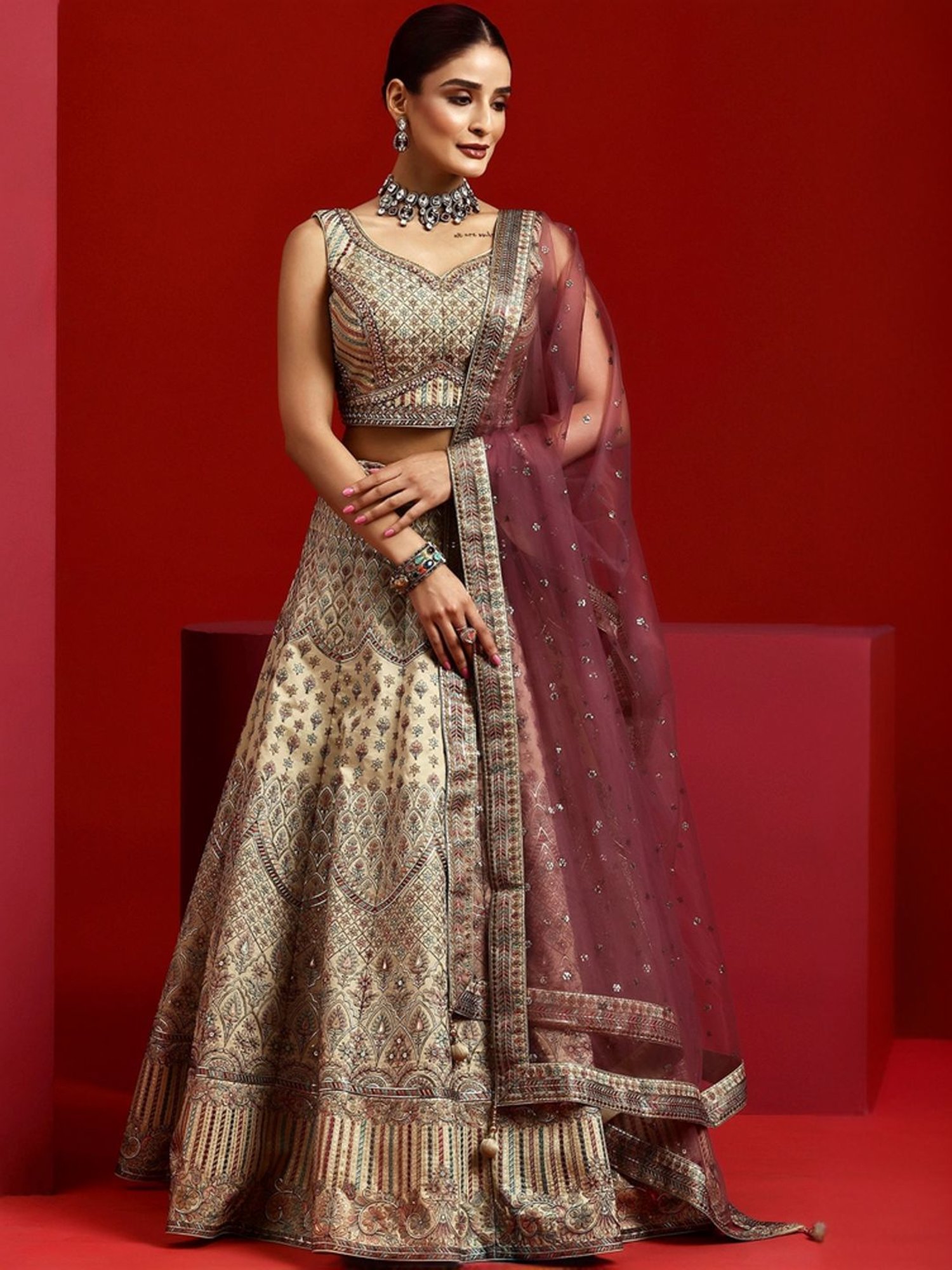 Silk Land Beige & Blue Woven Pattern Semi Stitched Lehenga Choli Set With Duppata