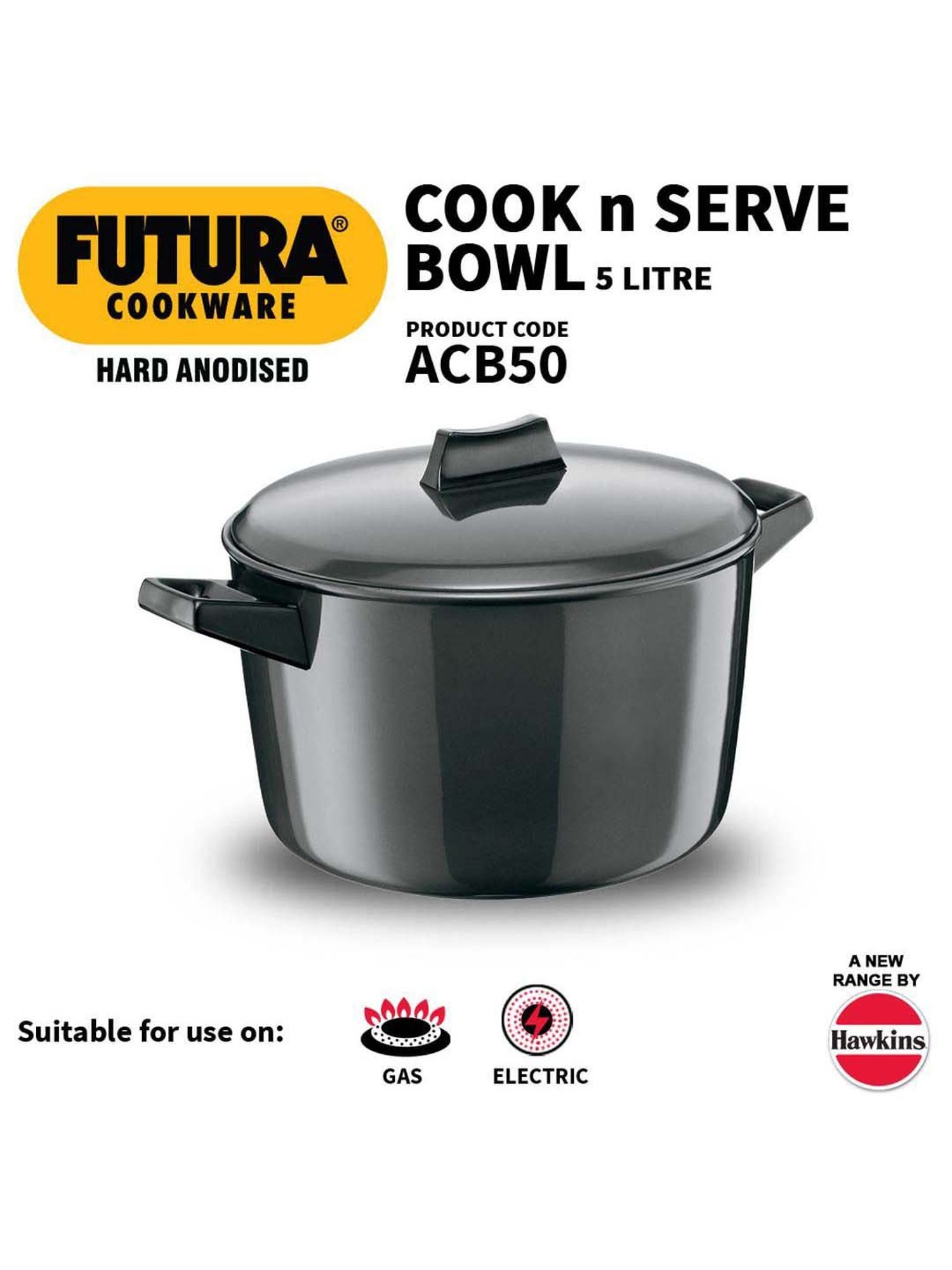 Hawkins Futura Black Nonstick Aluminium 23 cm Cook & Serve Pot with Lid, 5 L