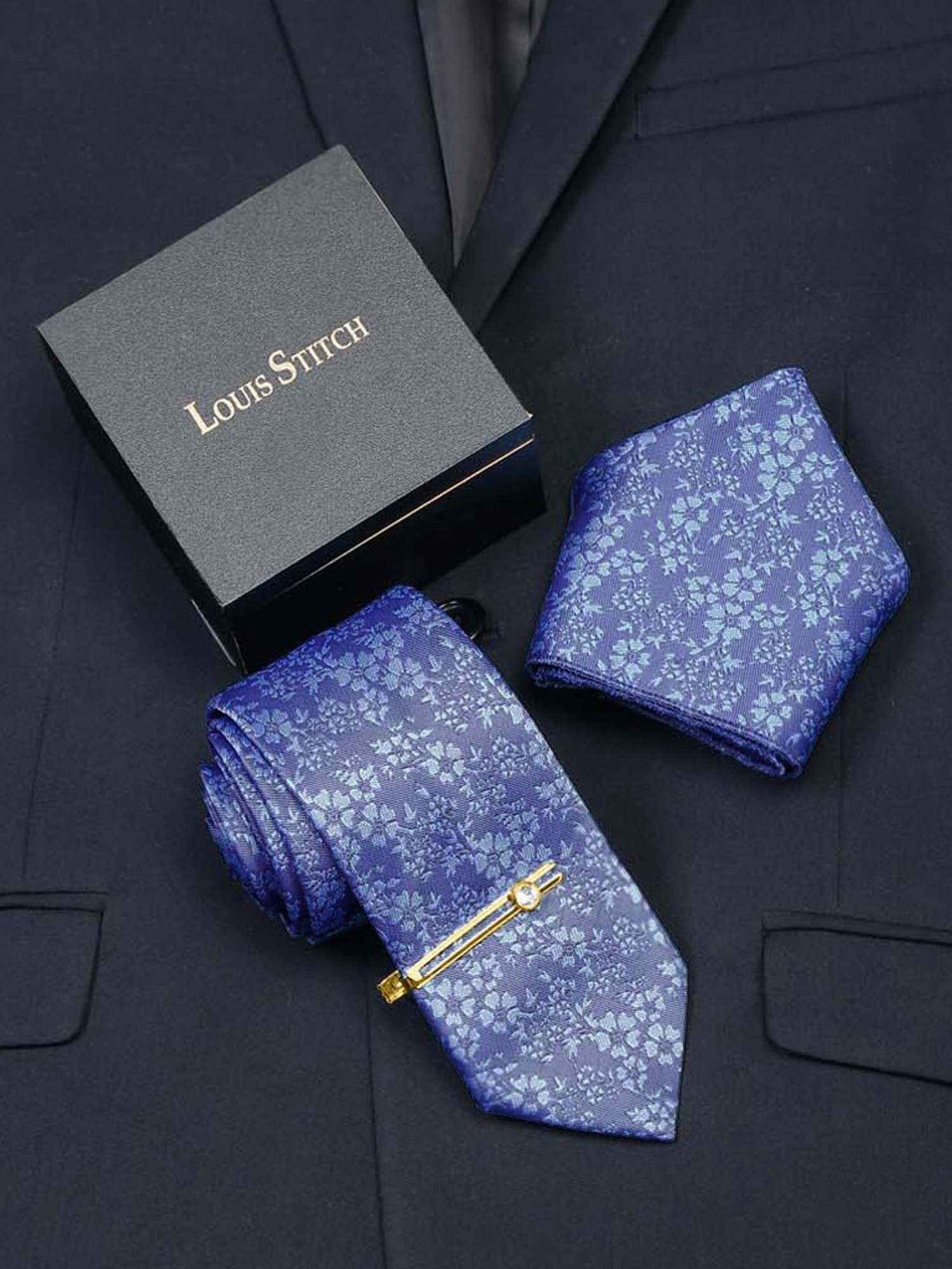 Louis Stitch Blue Printed Necktie Gift Set - Set of 3