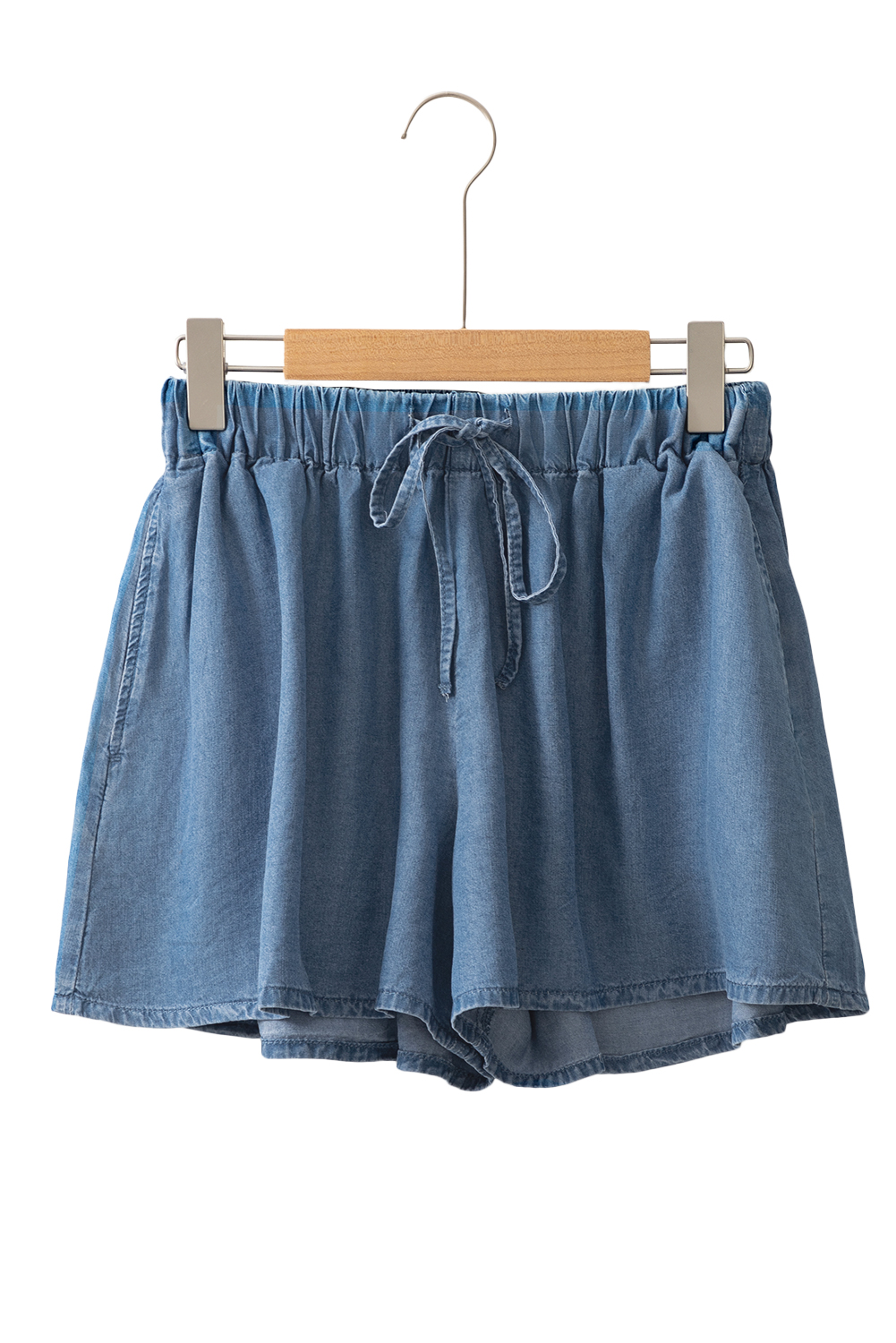 Dusk Blue Drawstring Elastic Waist Wide Leg Denim Shorts