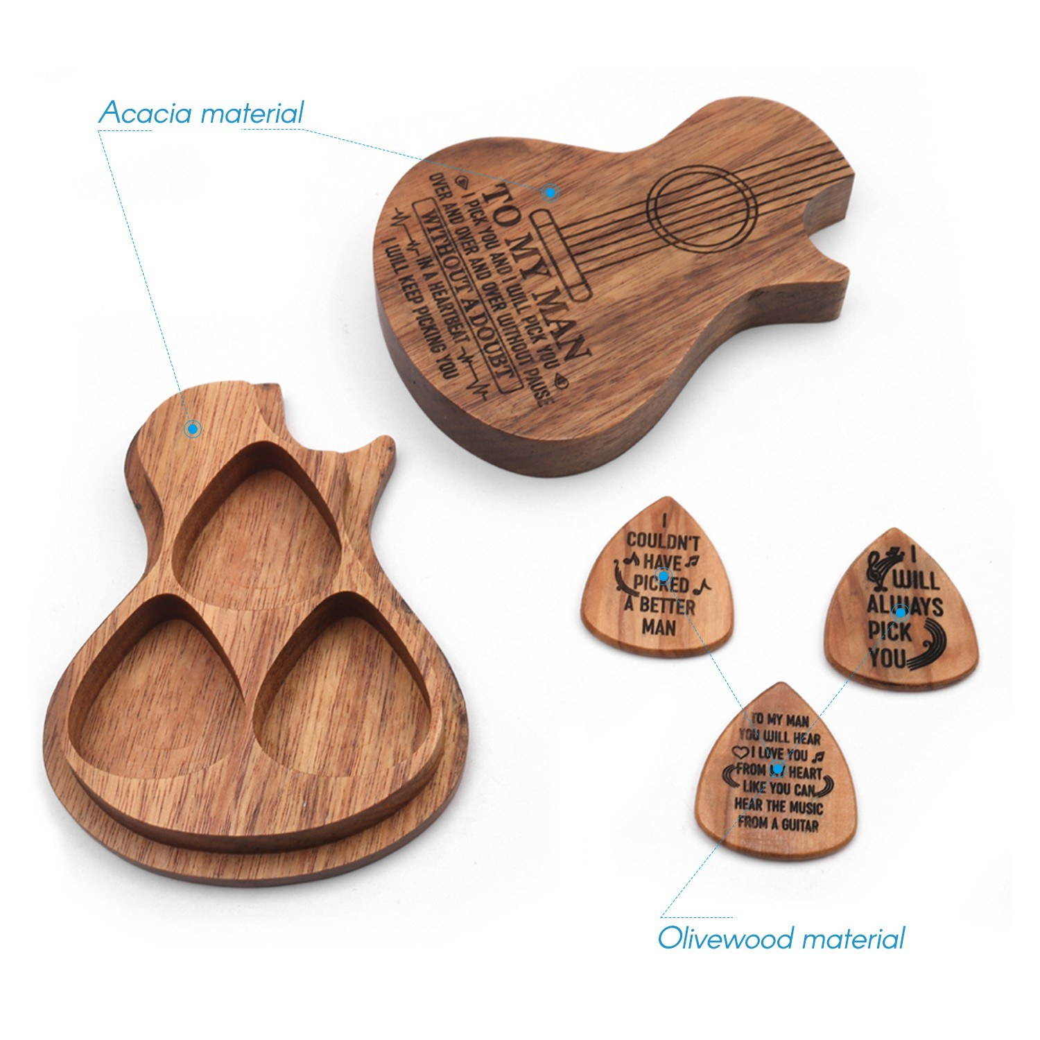 Wooden Guitar Pick Box Holder Guitar Shape 3 Compartments Paddles Wood Container with 3pcs Olivewood Picks