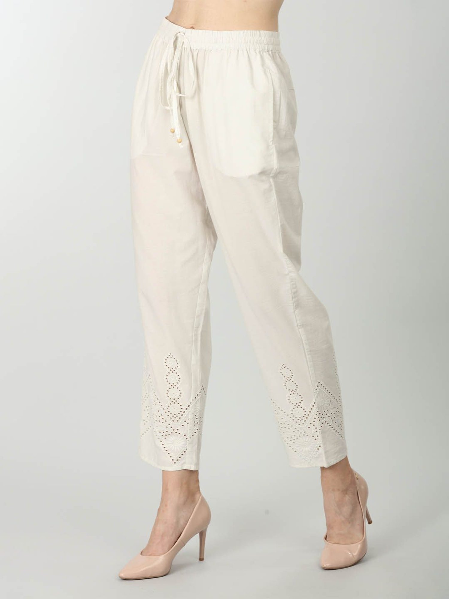 Mustard Off White Cotton Embroidered Pants
