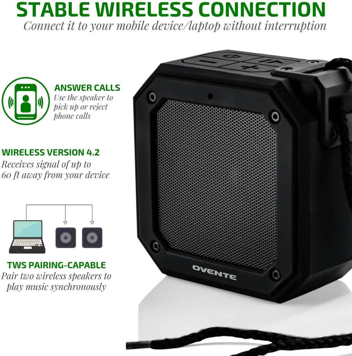 Ovente Wireless Waterproof Portable Mini Stereo Speaker Indoor Home or Outdoor Travel, TWS Pairing for Android, iPhone, Desktop and Laptops, Black (ZA1200B)