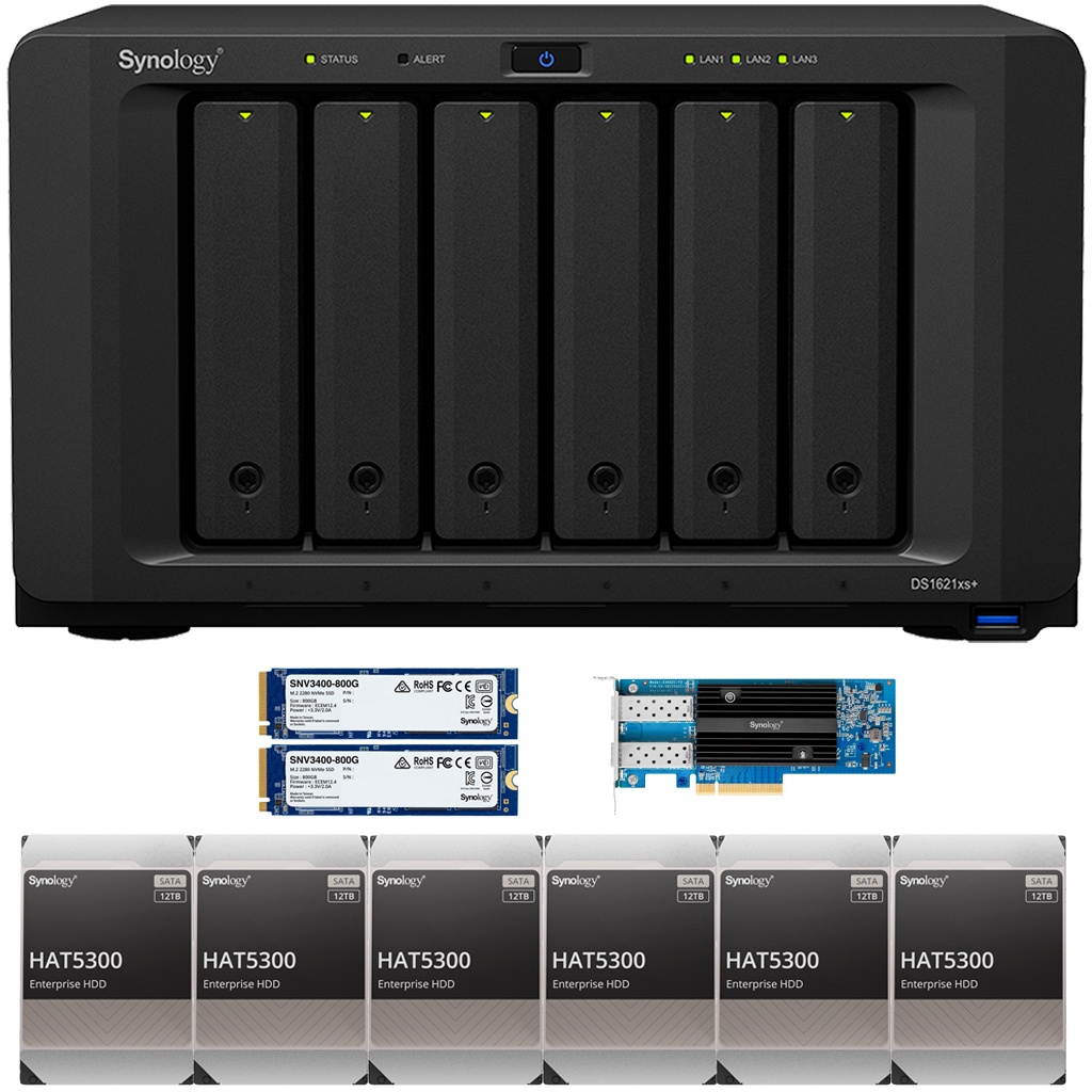 Synology DS1621xs+ DiskStation with 32GB RAM, 1.6B (2x800GB) Cache, an E25G21-F2 25GbE Card and 96TB (6 x 16TB) of Synology Enterprise HAT5300 Drives Fully Assembled and Tested By CustomTechSales