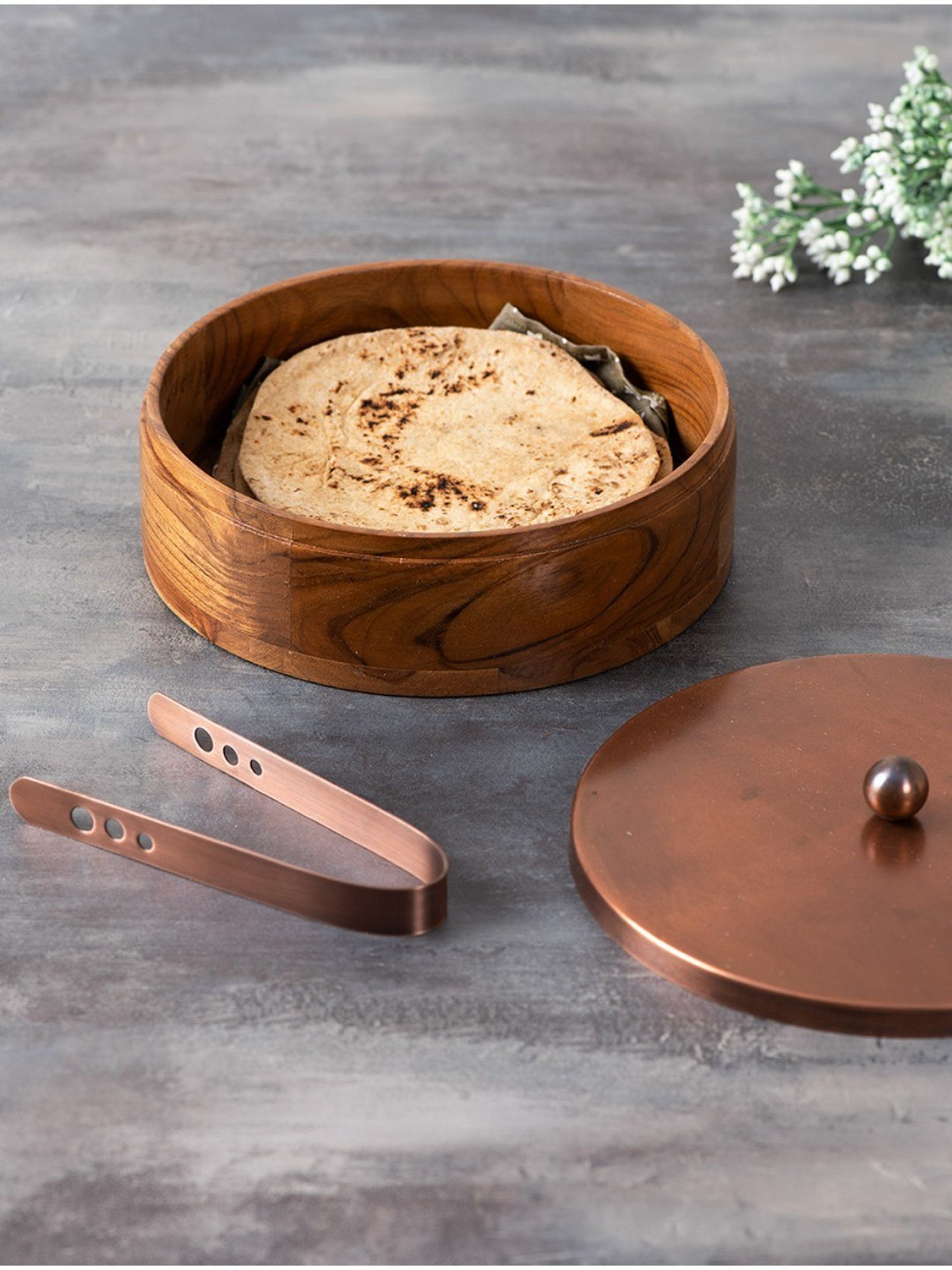 Nestroots Chapati Box Wooden Casserole Box Food Warmer Hotcase Hotpot Roti Box with Copper Tong