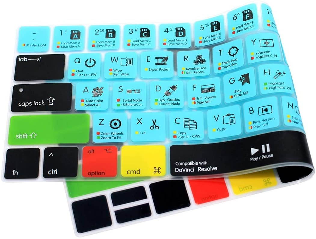 HRH Davinci Resolve Shortcuts Hotkey Silicone Keyboard Cover Skin for MacBook New Pro with Touch Bar 13 Inch and 15 Inch(A2159/A1989/A1706,A1990/A1707) 2019 2018 2016 2017 Release US Version