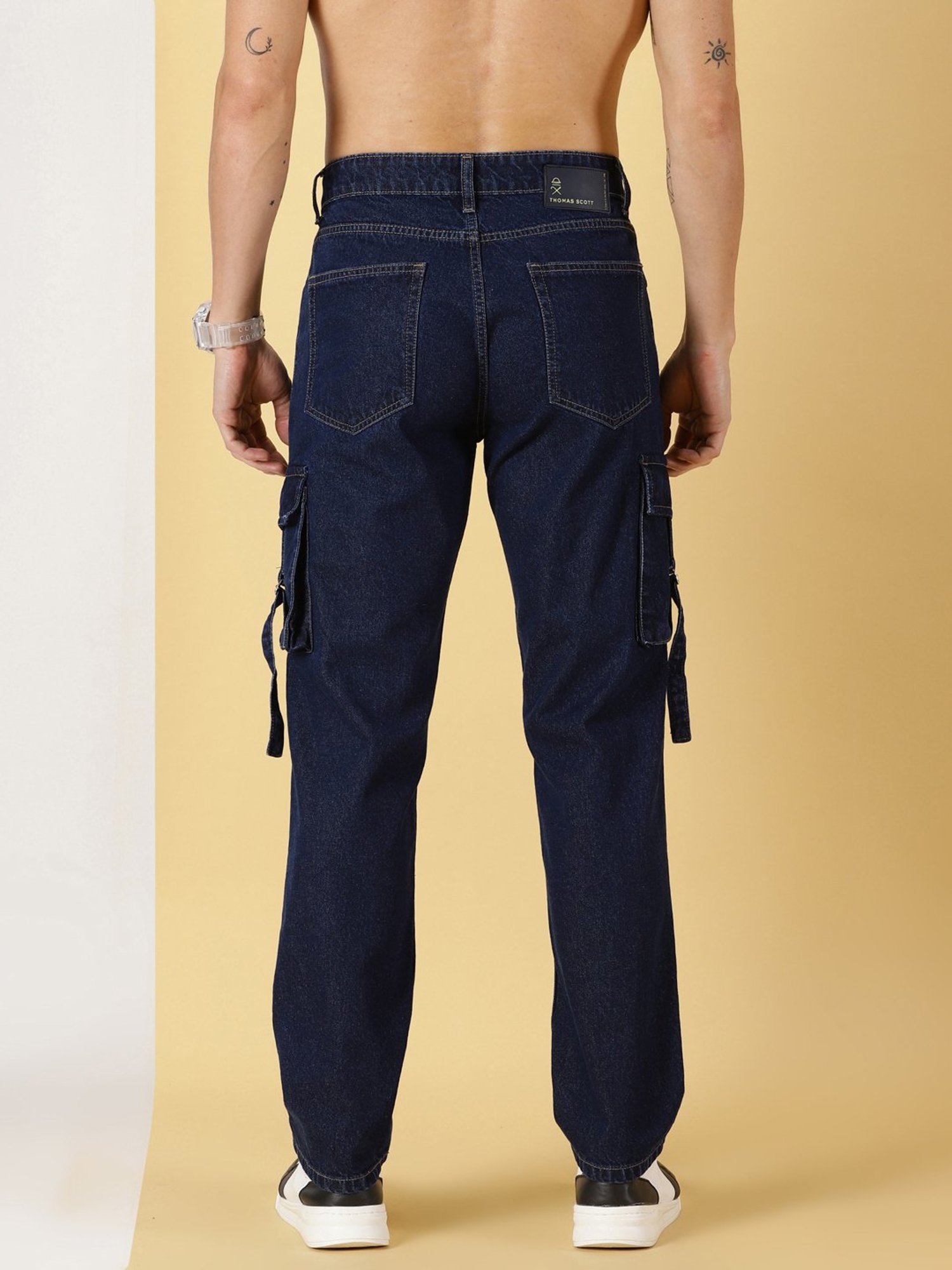 Thomas Scott Dark Blue Slim Fit Lightly Washed Cargo Jeans