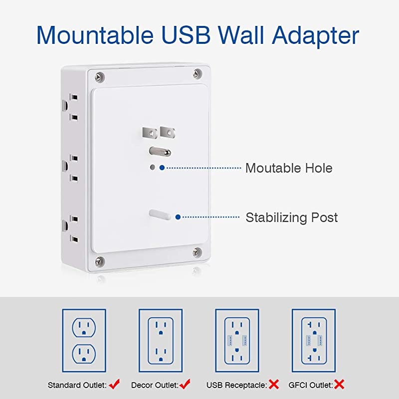 Outlet Wall Adapter AUOPLUS Power Strip with 6 AC Outlets and 4 USB Ports5V31A Mountable Grounded Surge Protector Portable Outlet Extender for TV Computer Laptops Smartphone Home Office