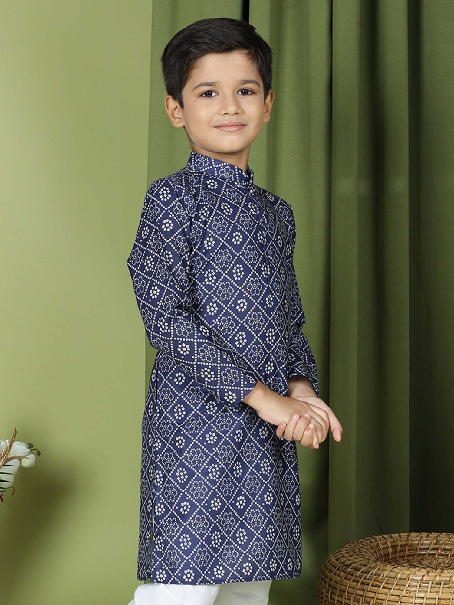 TABARD Kids Navy & White Printed Full Sleeves Kurta with Pyjamas