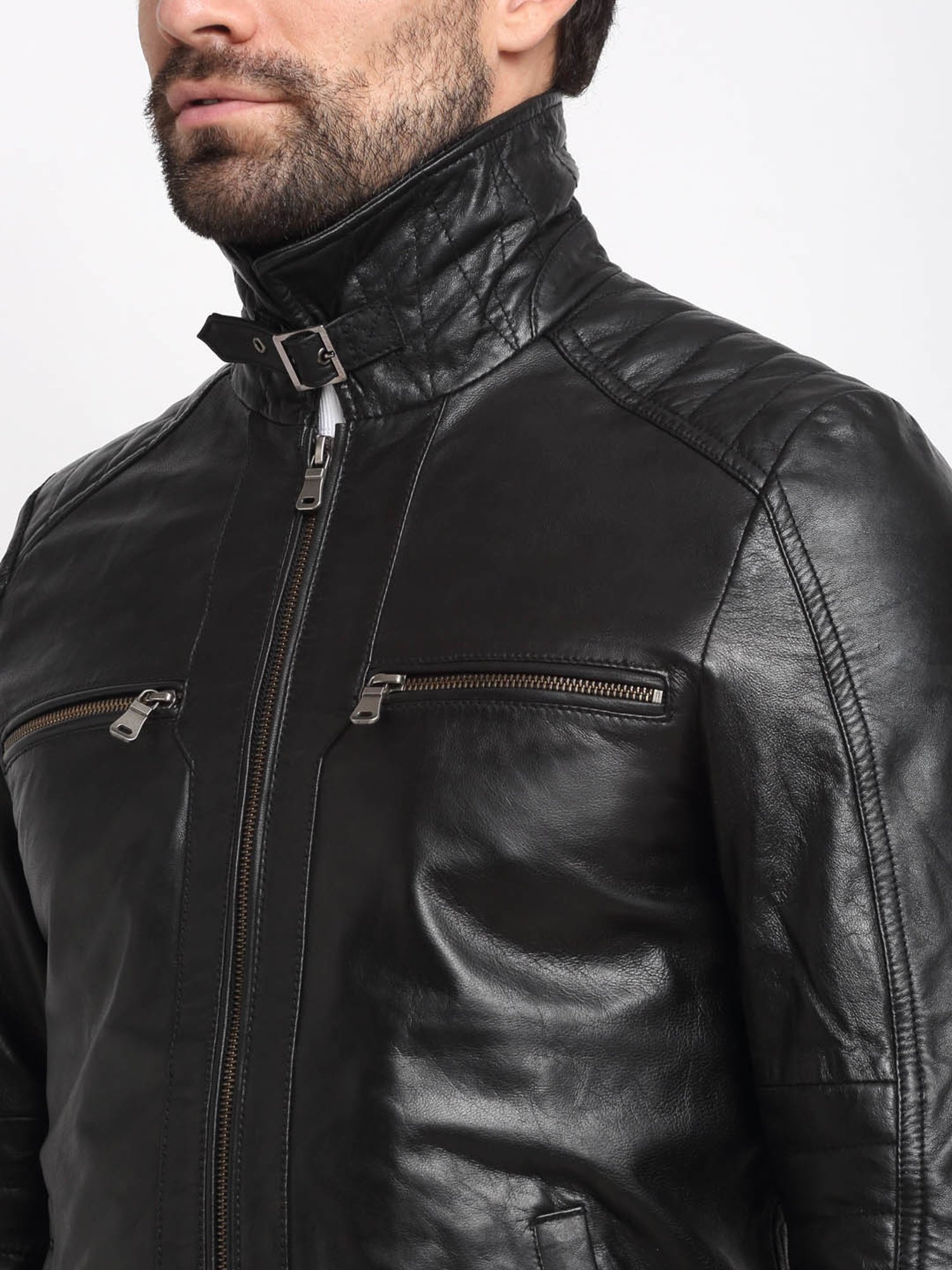 Teakwood Leathers Black Shirt Collar Leather Jacket