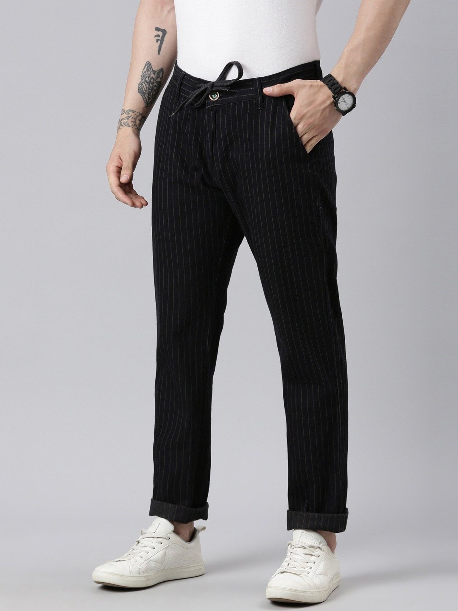 CINOCCI Black Cotton Straight Fit Striped Trousers