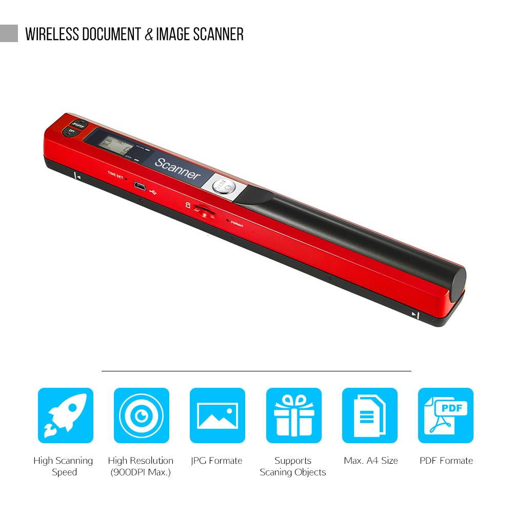 Portable Handheld Wand Wireless Scanner A4 Size 900DPI JPG/PDF Formate LCD Display with Protecting Bag and 8GB TF Card  for Business Document Reciepts Books Images