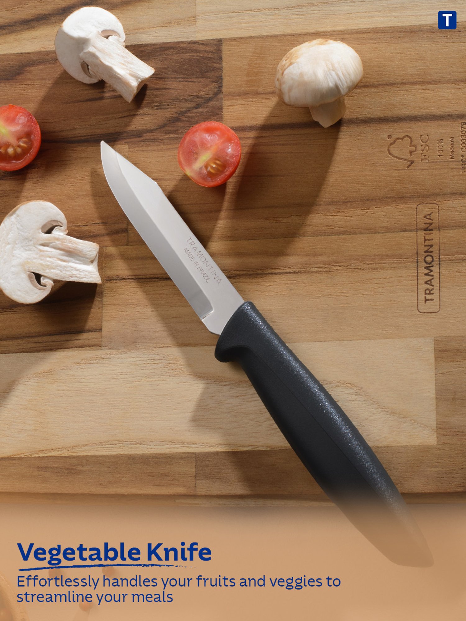 Tramontina Plenus Stainless Steel Vegetable & Fruit Knife 7cm/2.7 Black Plain Edge Kitchen Knife