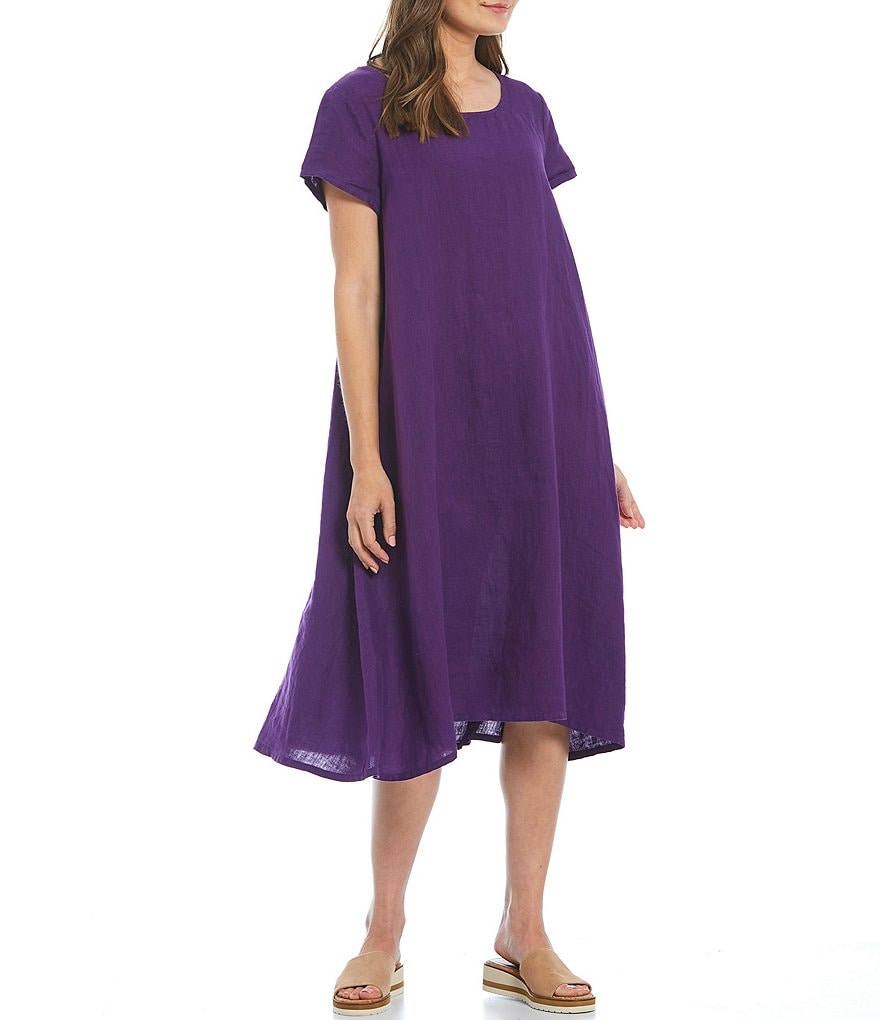 Bryn Walker Winslow Light Linen Round Neck Short Sleeve Oversized Fit Sharkbite Hem Swing Dress